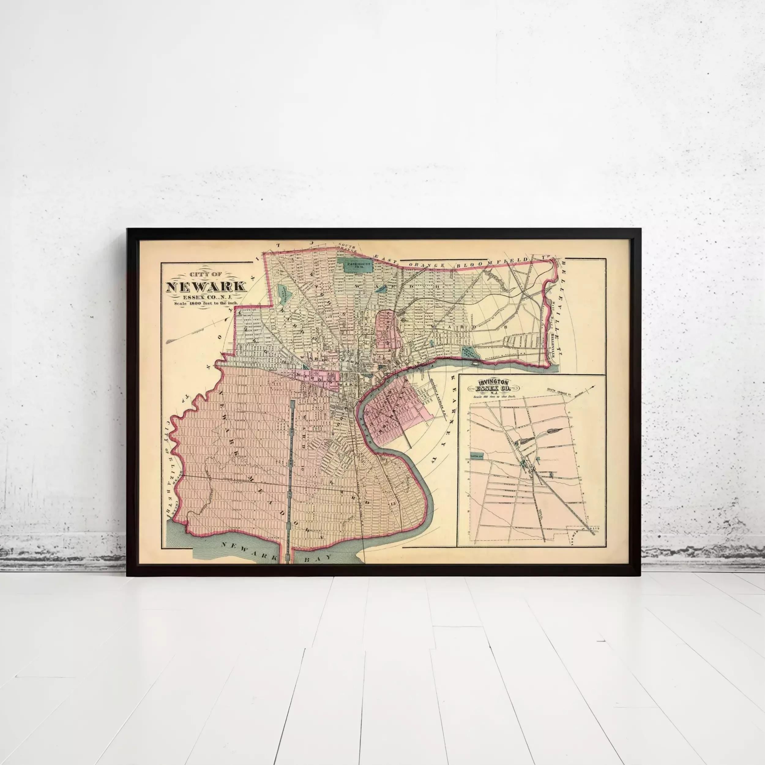 A framed map of New York City from the year 1848, depicting the city's layout and surrounding areas.