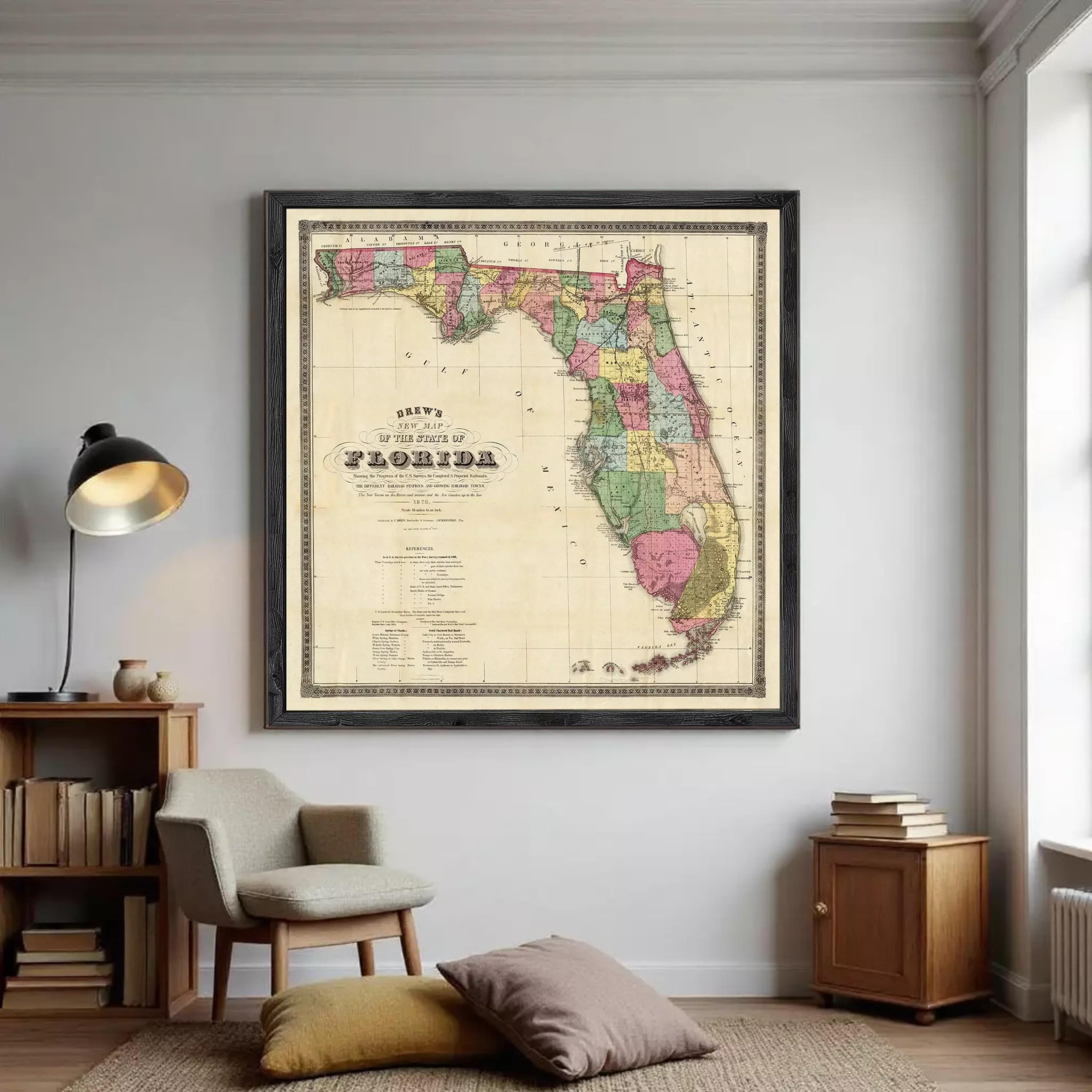 The image is a framed map of Florida, depicting the state in a vintage style.