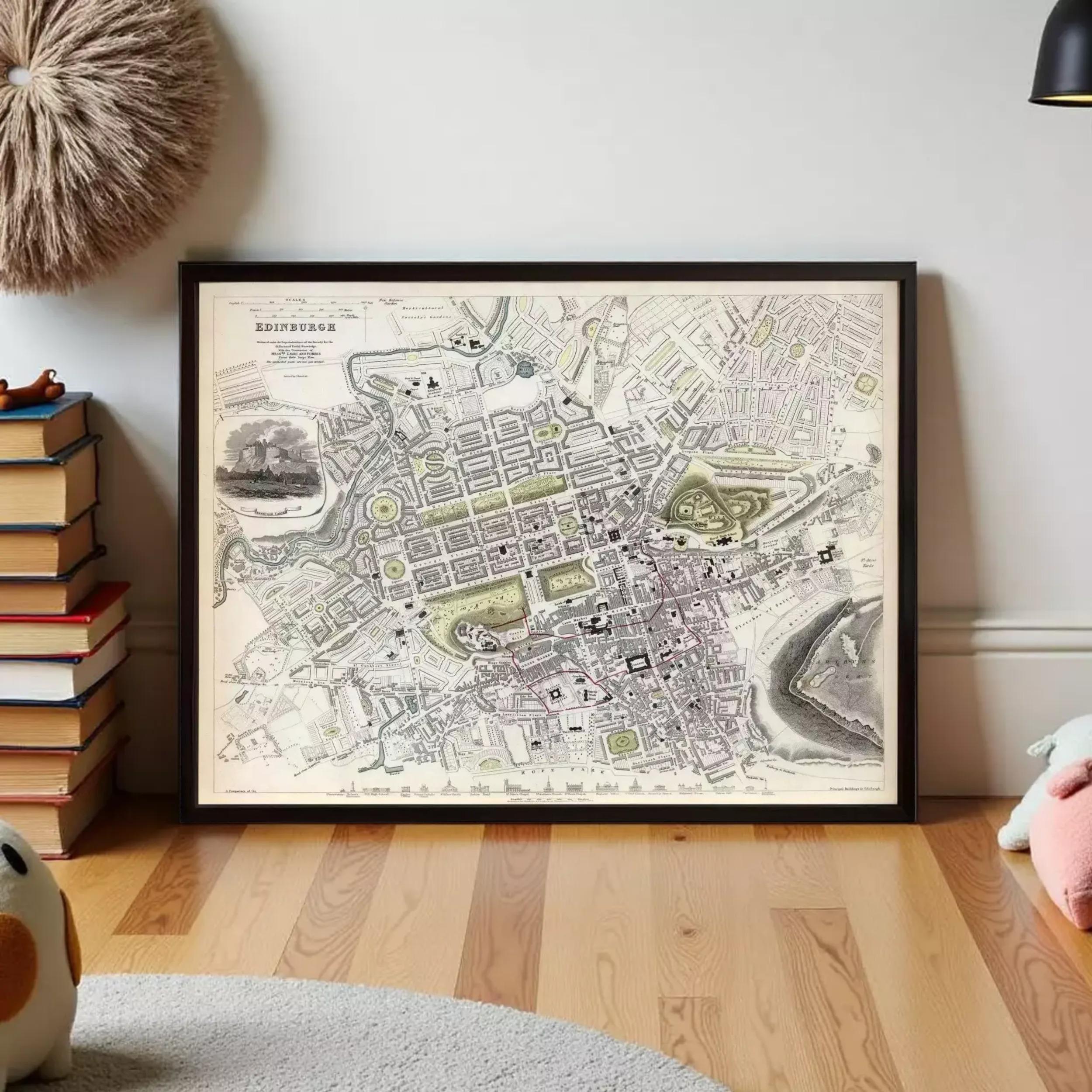 The image is a framed map of Edinburgh, Scotland, depicting the city's layout and surrounding areas.