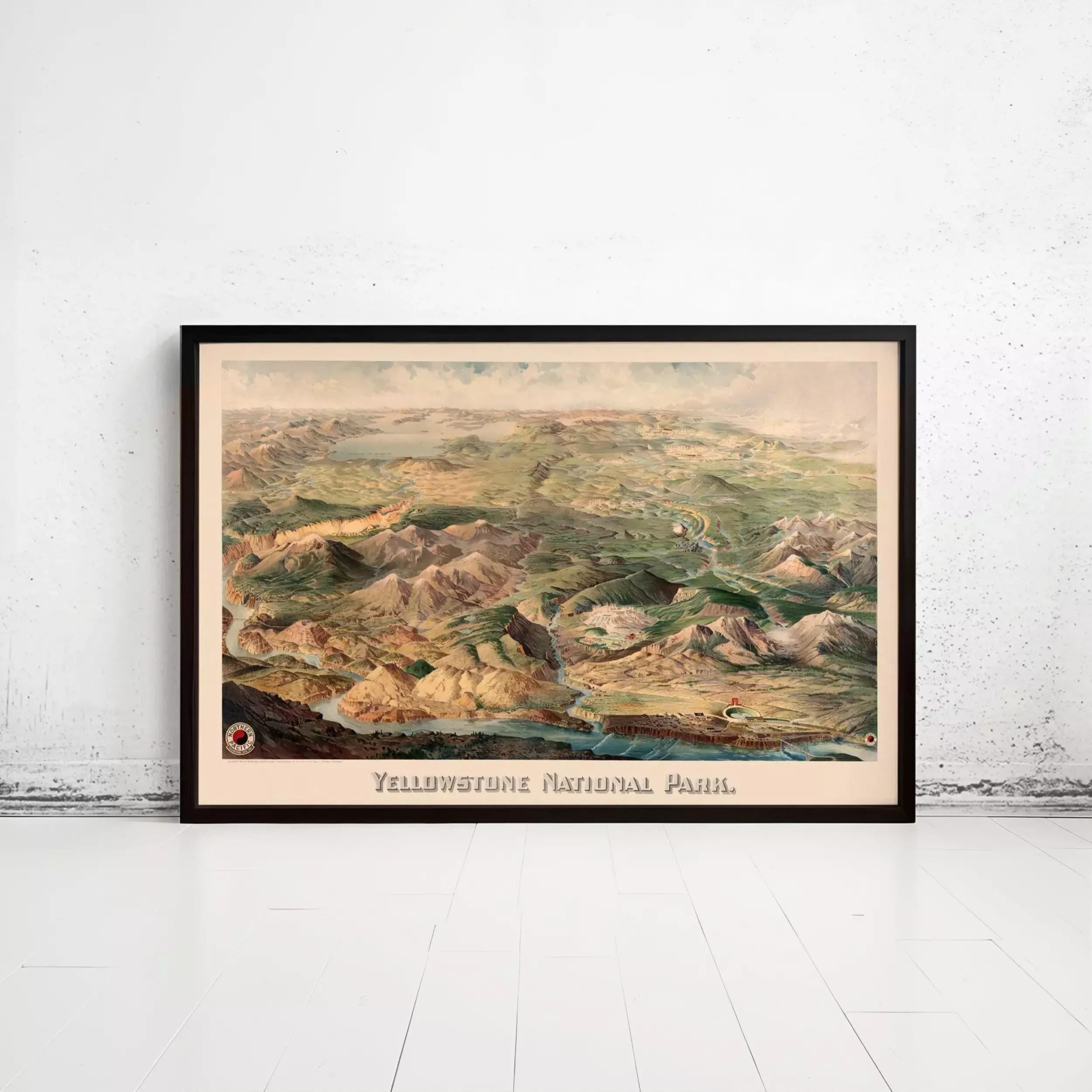 A framed painting depicting a scenic landscape of mountains and valleys, with the text "Yellowstone National Park" below it.