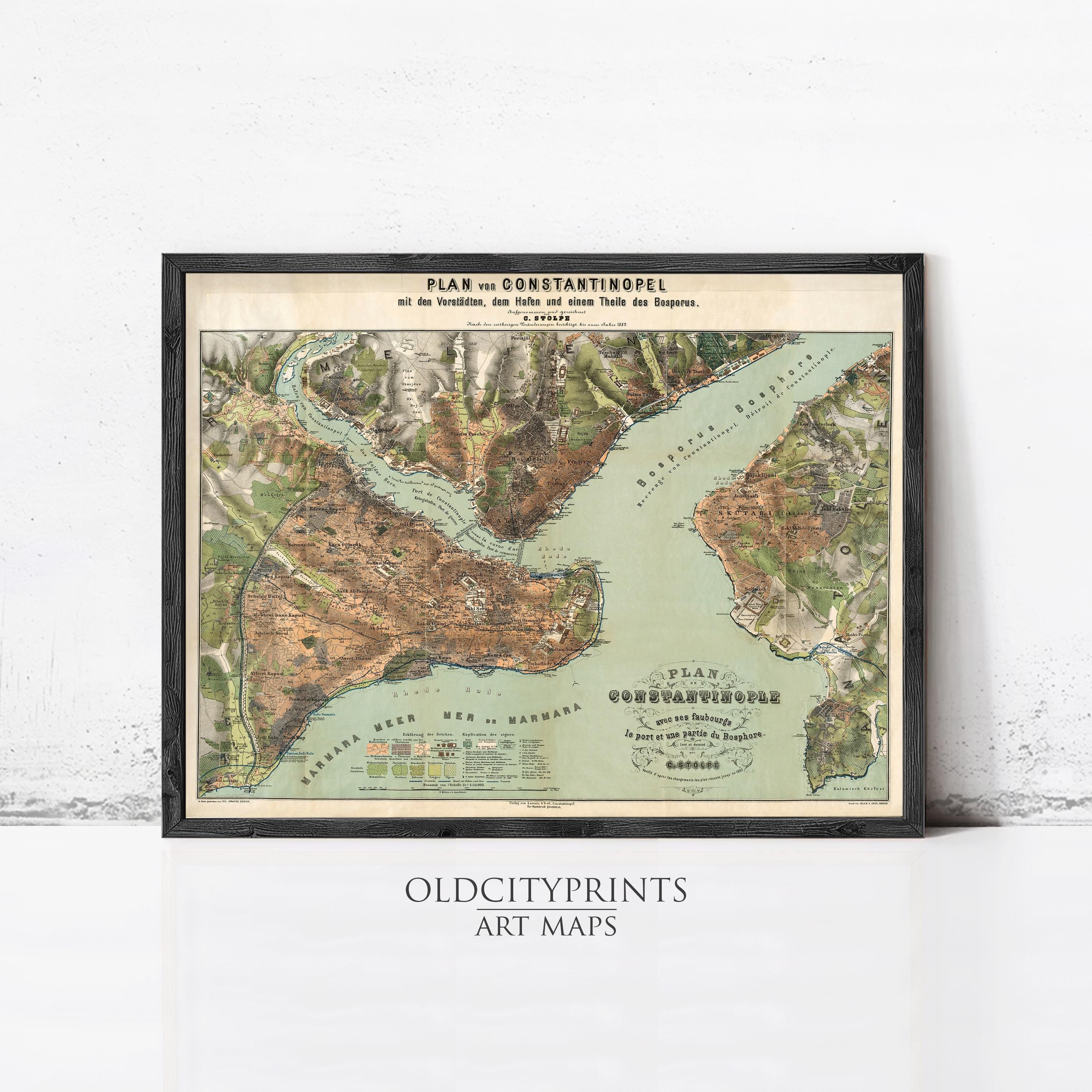 The image is a framed vintage map of the city of Constantinople, depicting the city's layout and surrounding areas.