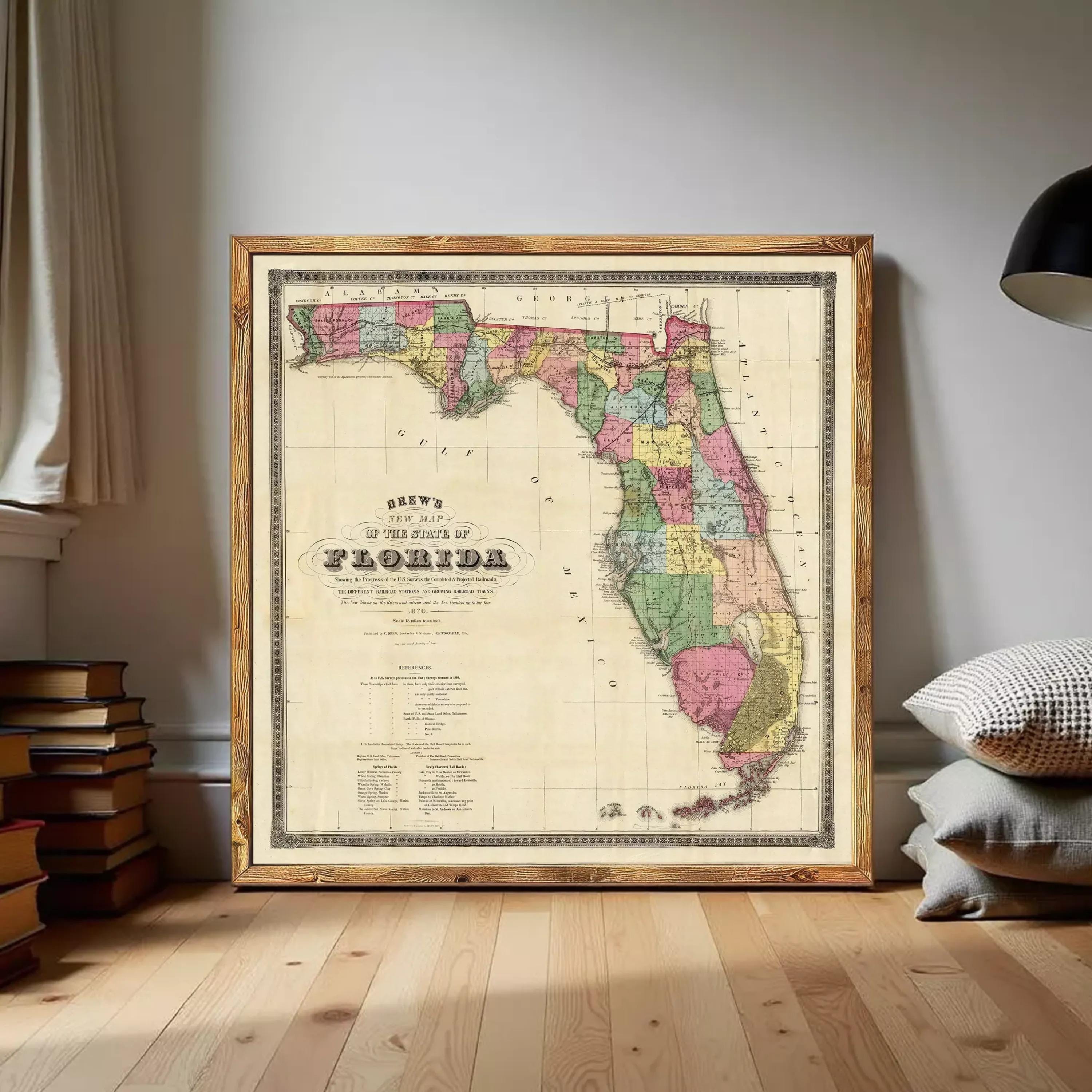 The image is a framed map of Florida, depicting the state in a vintage style.