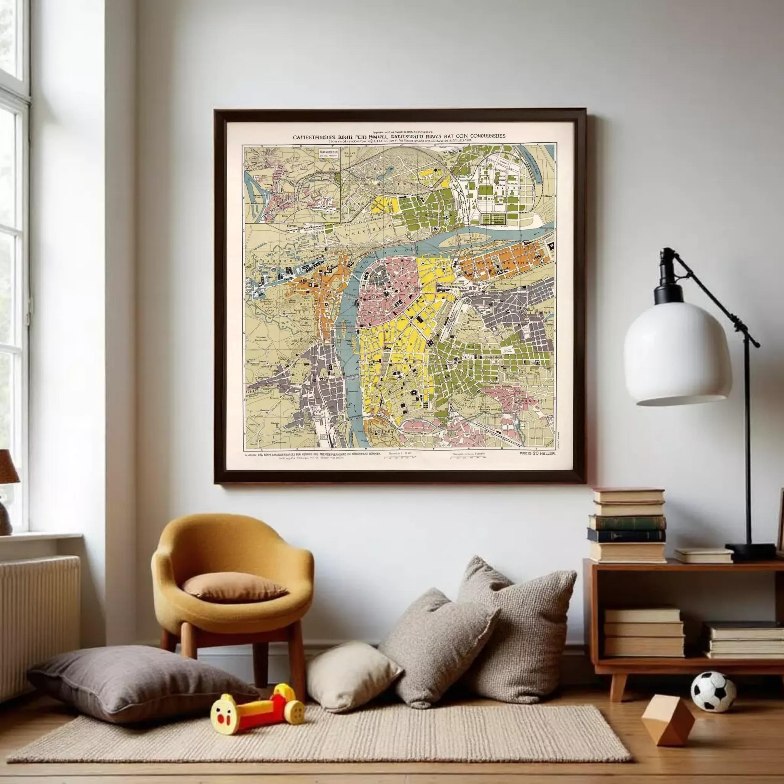 a large framed map of a city hanging on a wall in a living room.