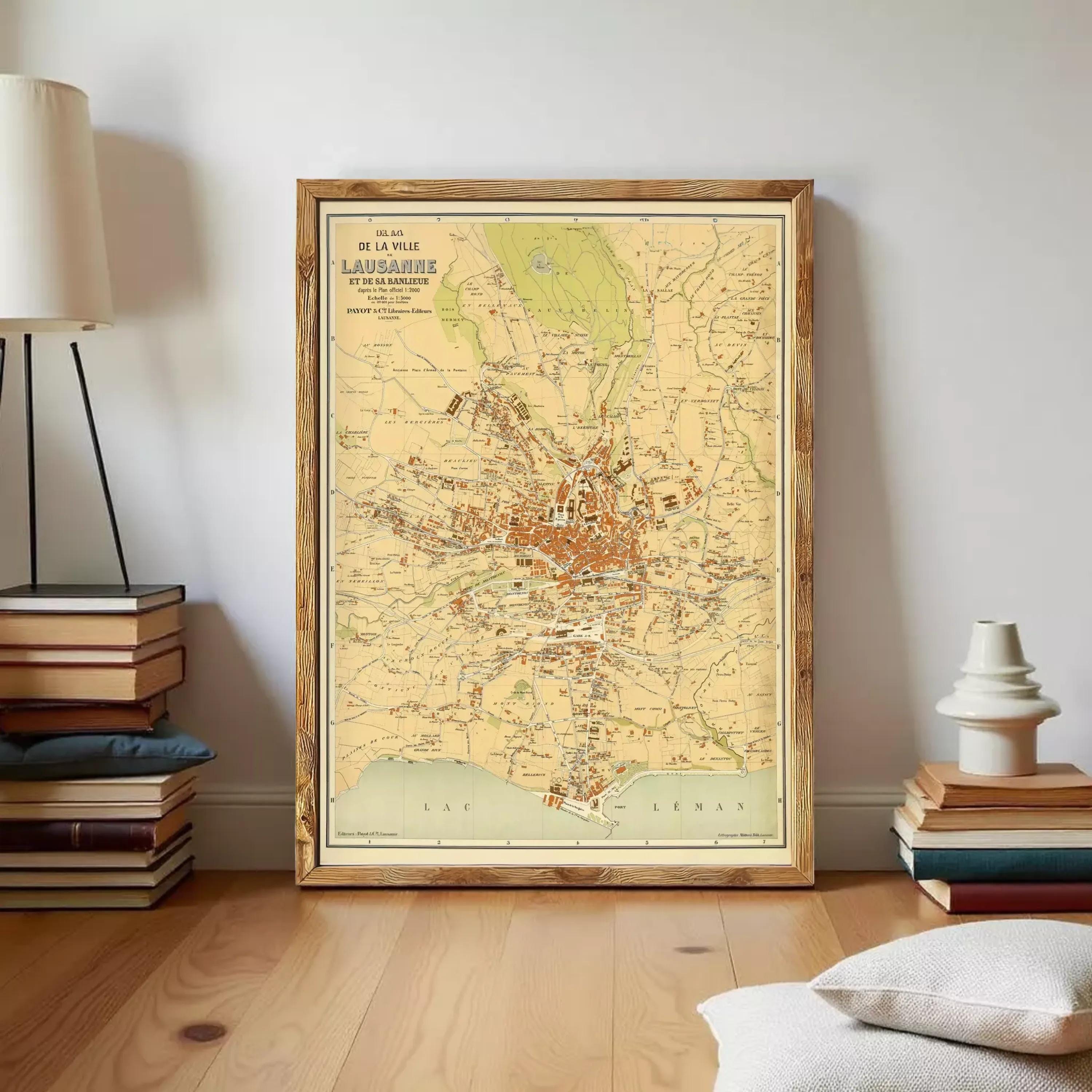 The image is a framed vintage map of the city of Lusanne, Switzerland, depicting the city's layout and surrounding areas.