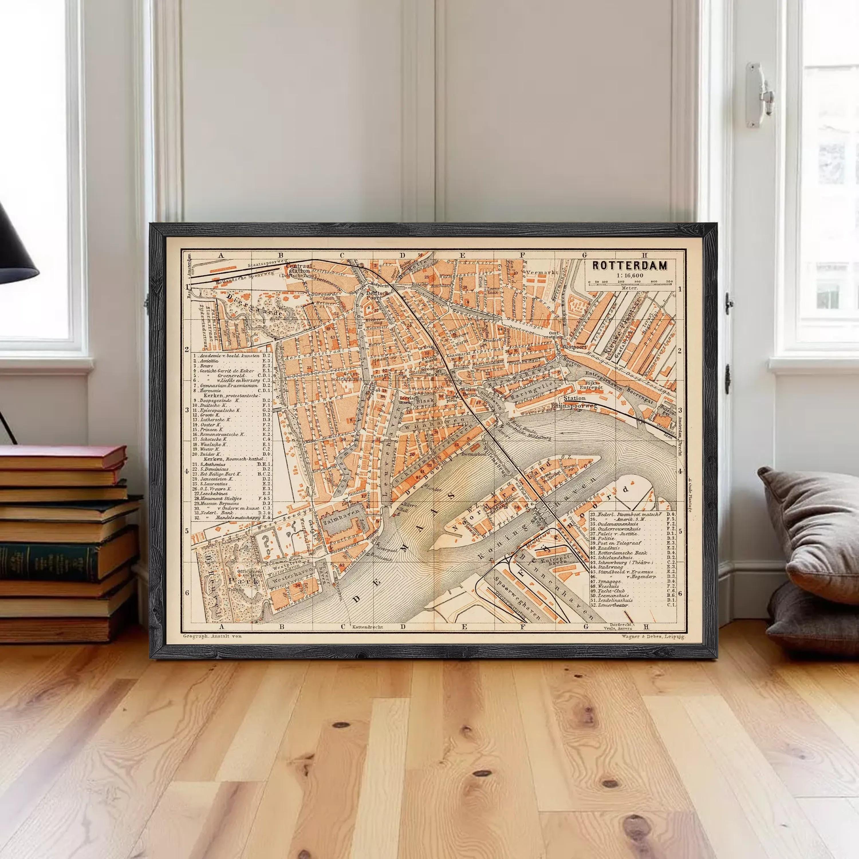 The image is a framed vintage map of Rotterdam, Netherlands, depicting the city's streets and landmarks.