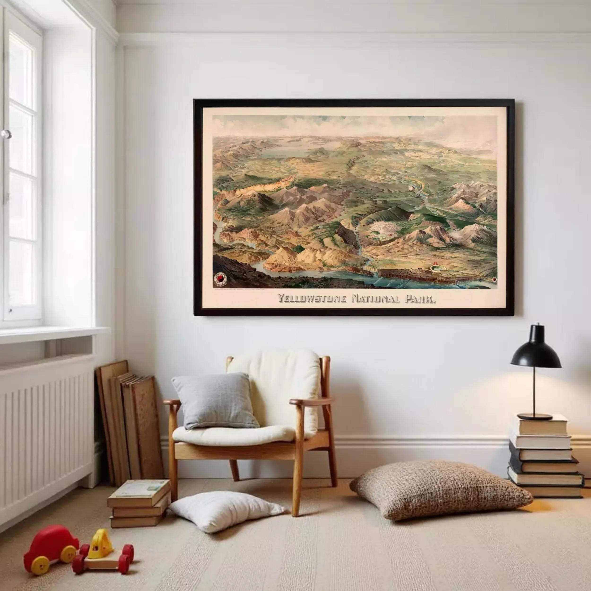 A framed painting depicting a scenic landscape of mountains and valleys, with the text "Yellowstone National Park" below the artwork.