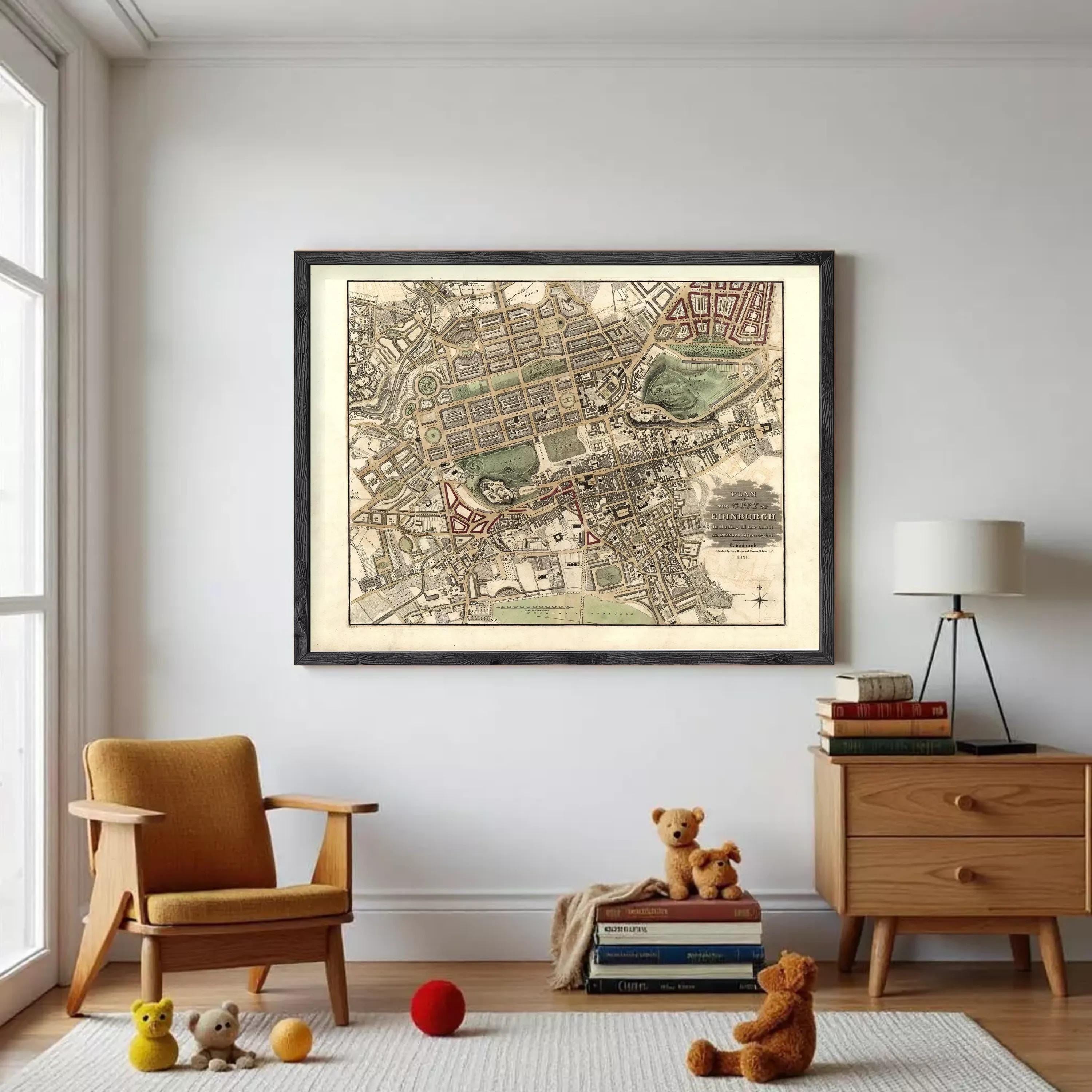 The image is a framed vintage map of a city, depicting a detailed layout of streets, buildings, and other urban features.