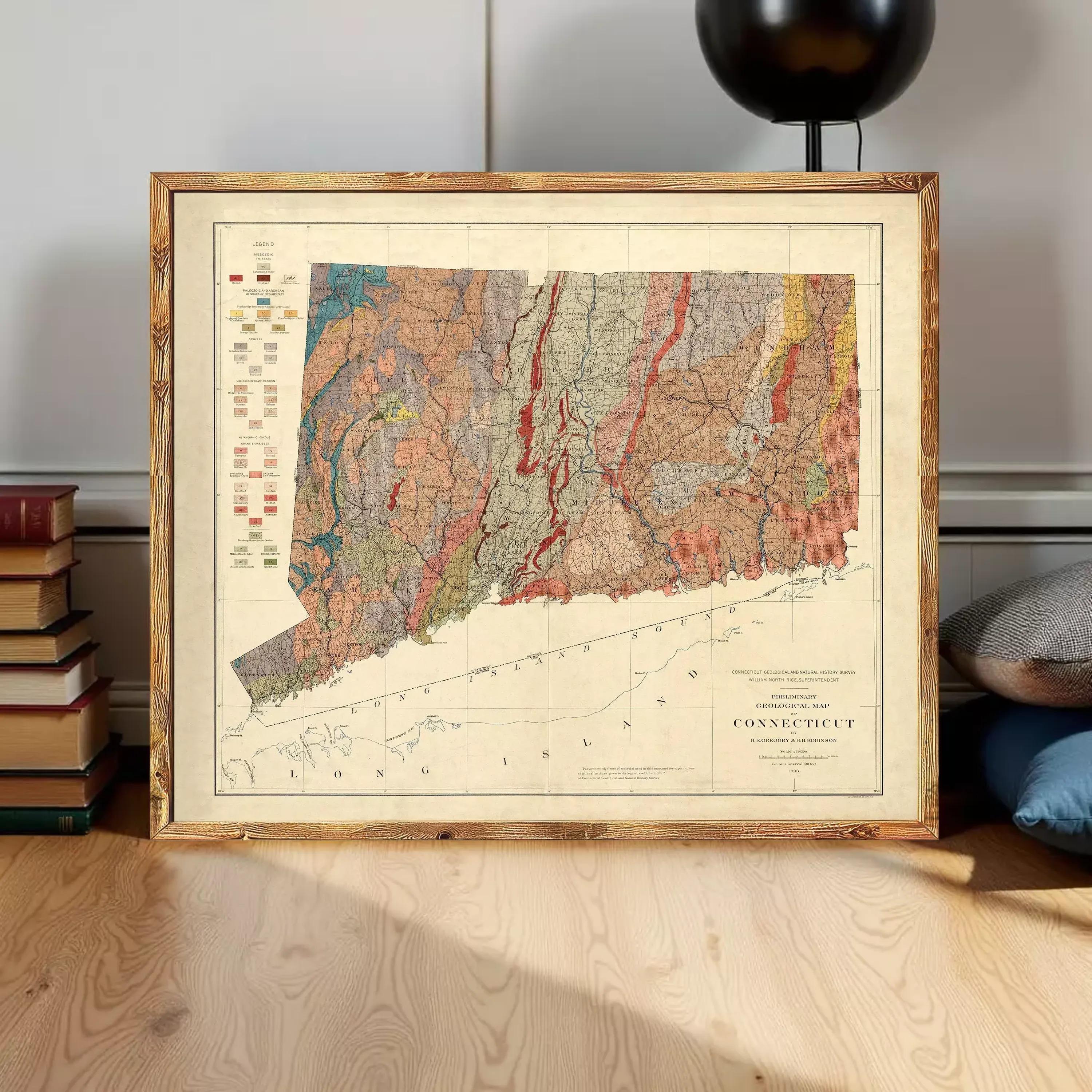 The image is a framed geological map of the state of Connecticut, showing the various geological features and regions within the state.
