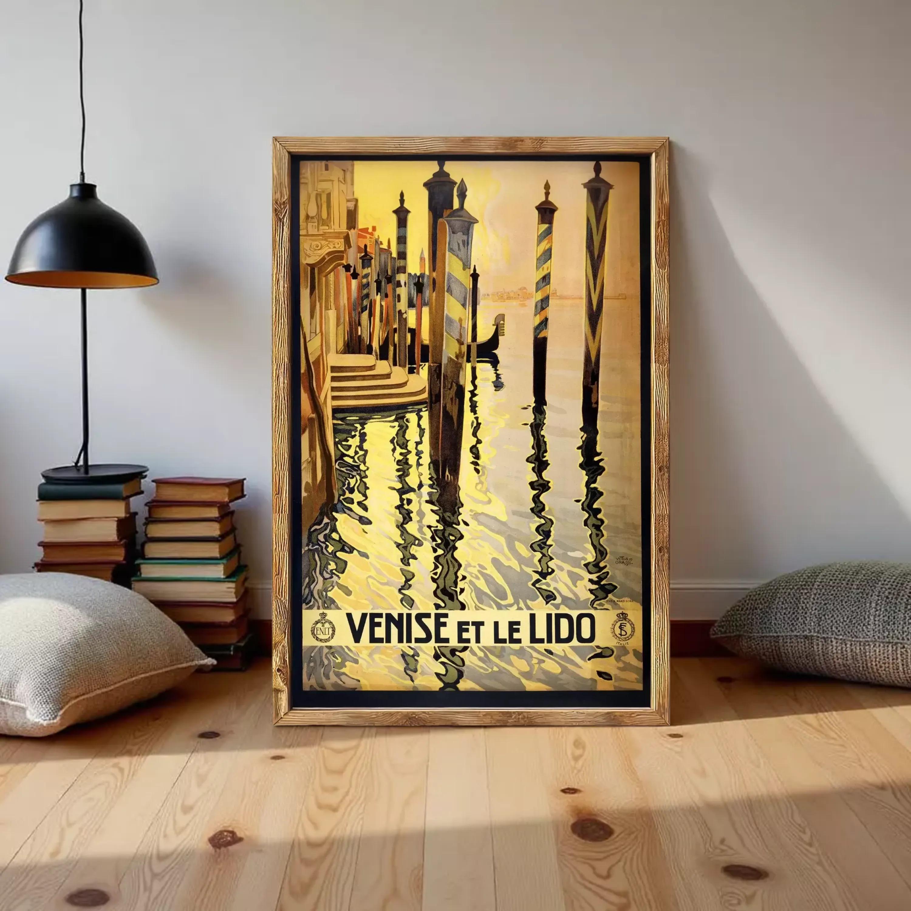 The image is a framed vintage poster depicting a view of Venice, Italy, with gondolas and canal water.