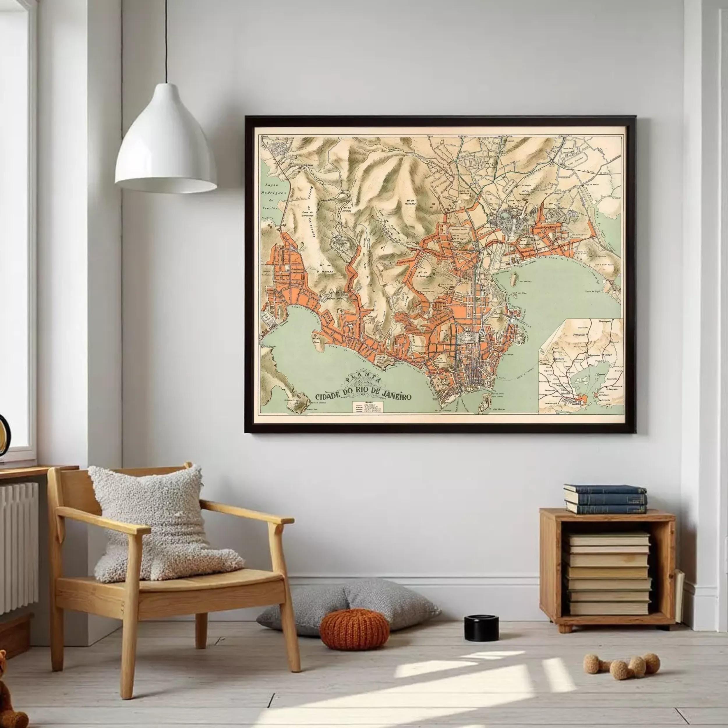 The image is a framed vintage map of a city, depicting the city's layout and surrounding areas.