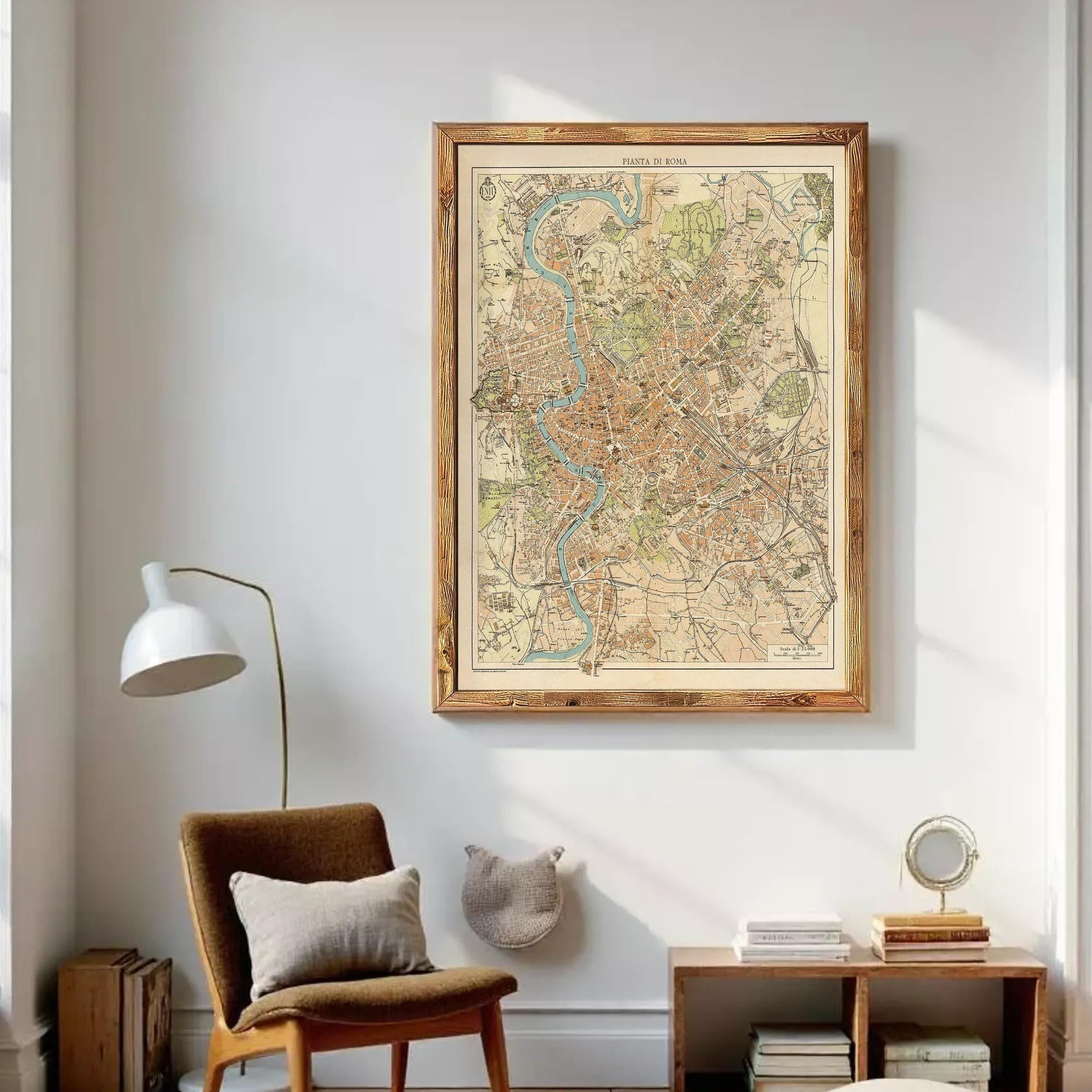 The image is a framed vintage map of Rome, Italy, depicting the city's layout and surrounding areas.