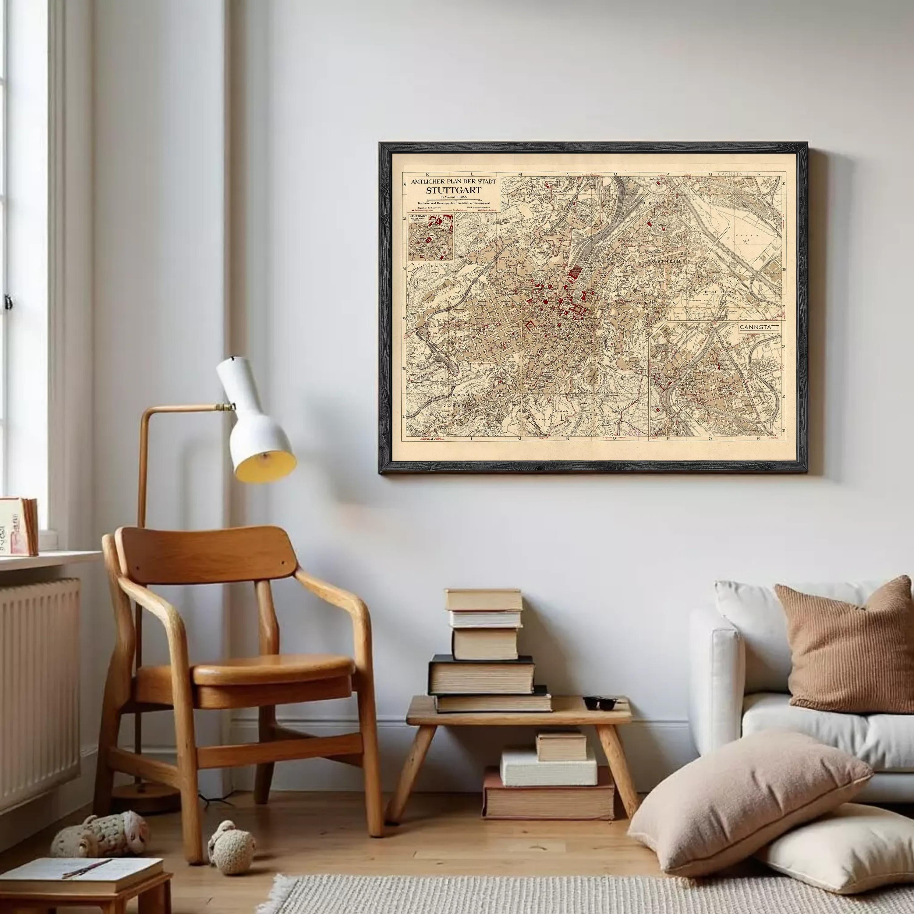a cozy living room with a wooden chair, a lamp, a bookshelf, and a framed map hanging on the wall.