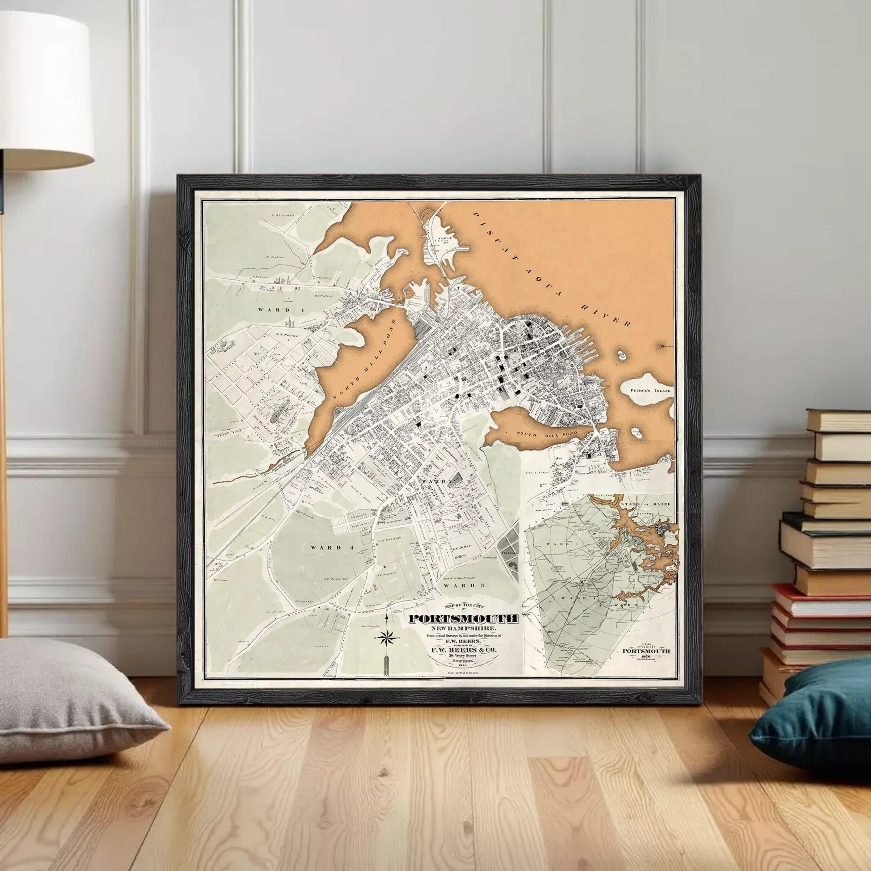 The image is a framed vintage map of the city of Portsmouth, New Hampshire, USA.