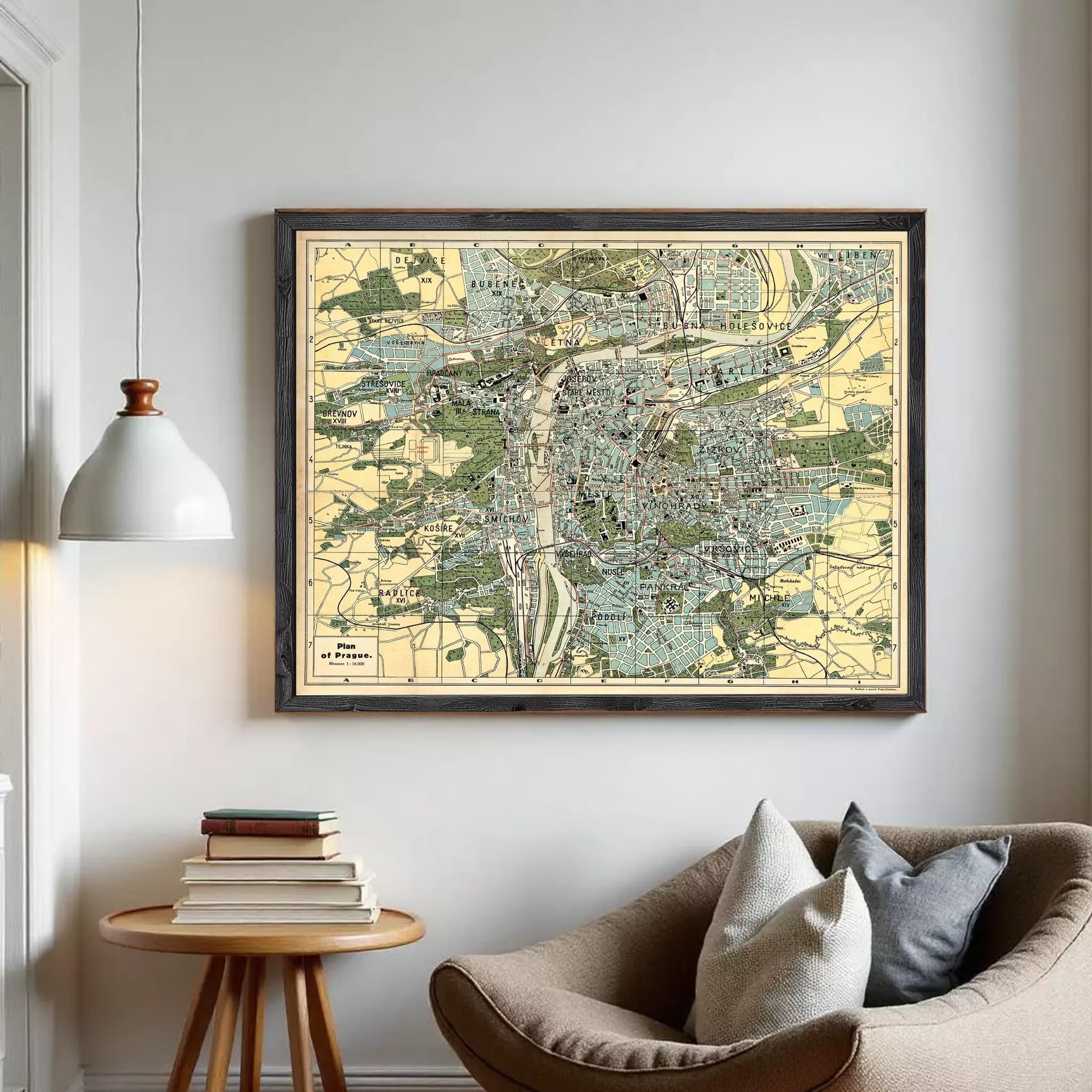 The image is a framed vintage map of a city, likely Paris, with various streets, landmarks, and geographical features depicted.