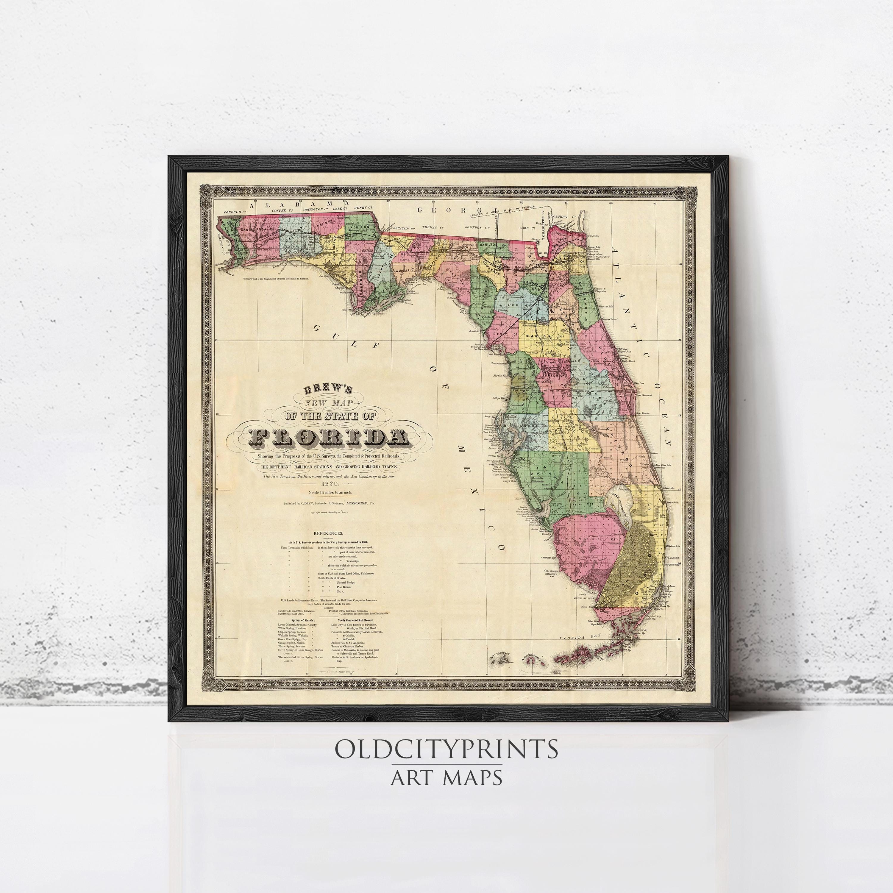 The image is a framed vintage map of Florida, depicting the state in a detailed and colorful manner.