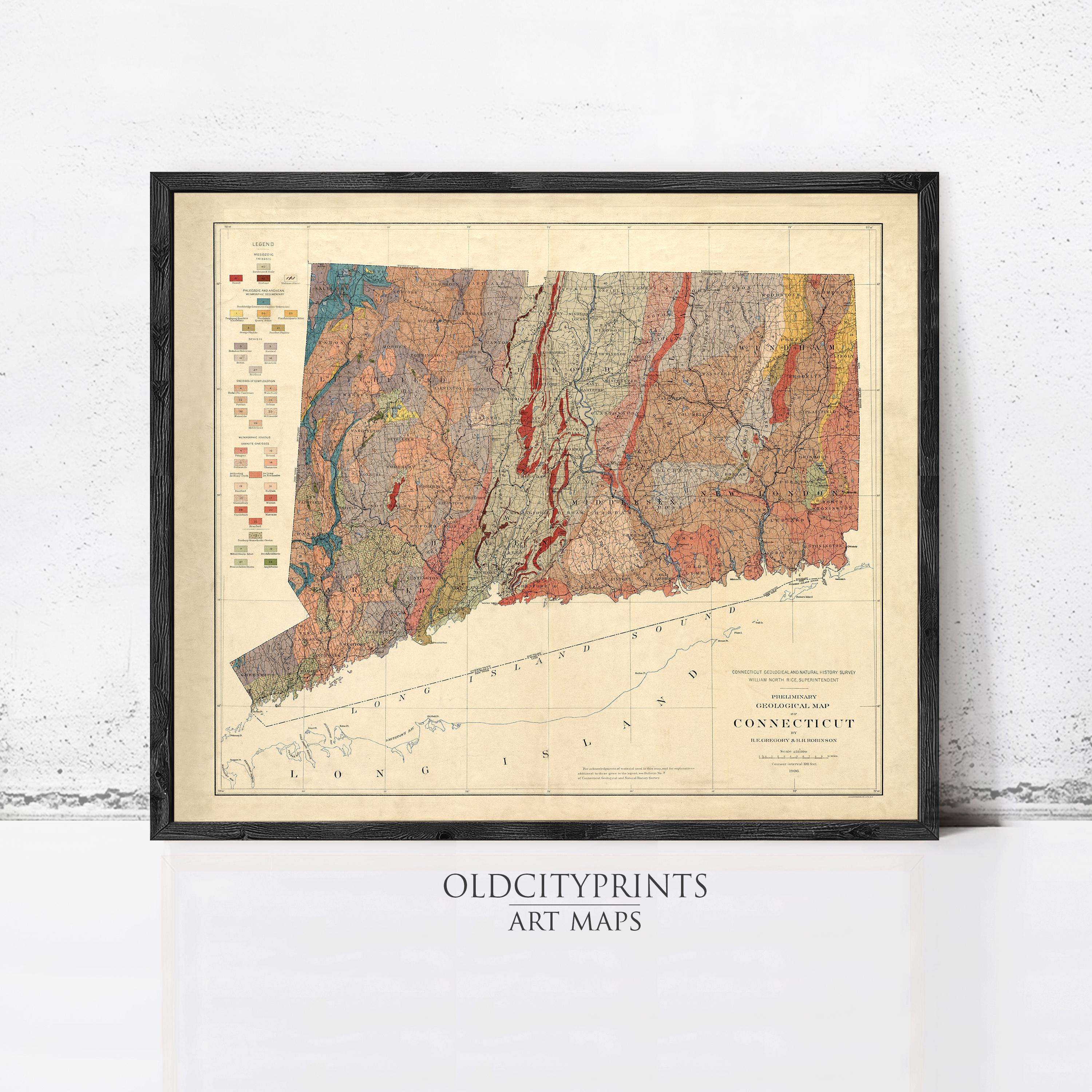 The image is a framed vintage map of Connecticut, depicting the state's geographical features and boundaries.
