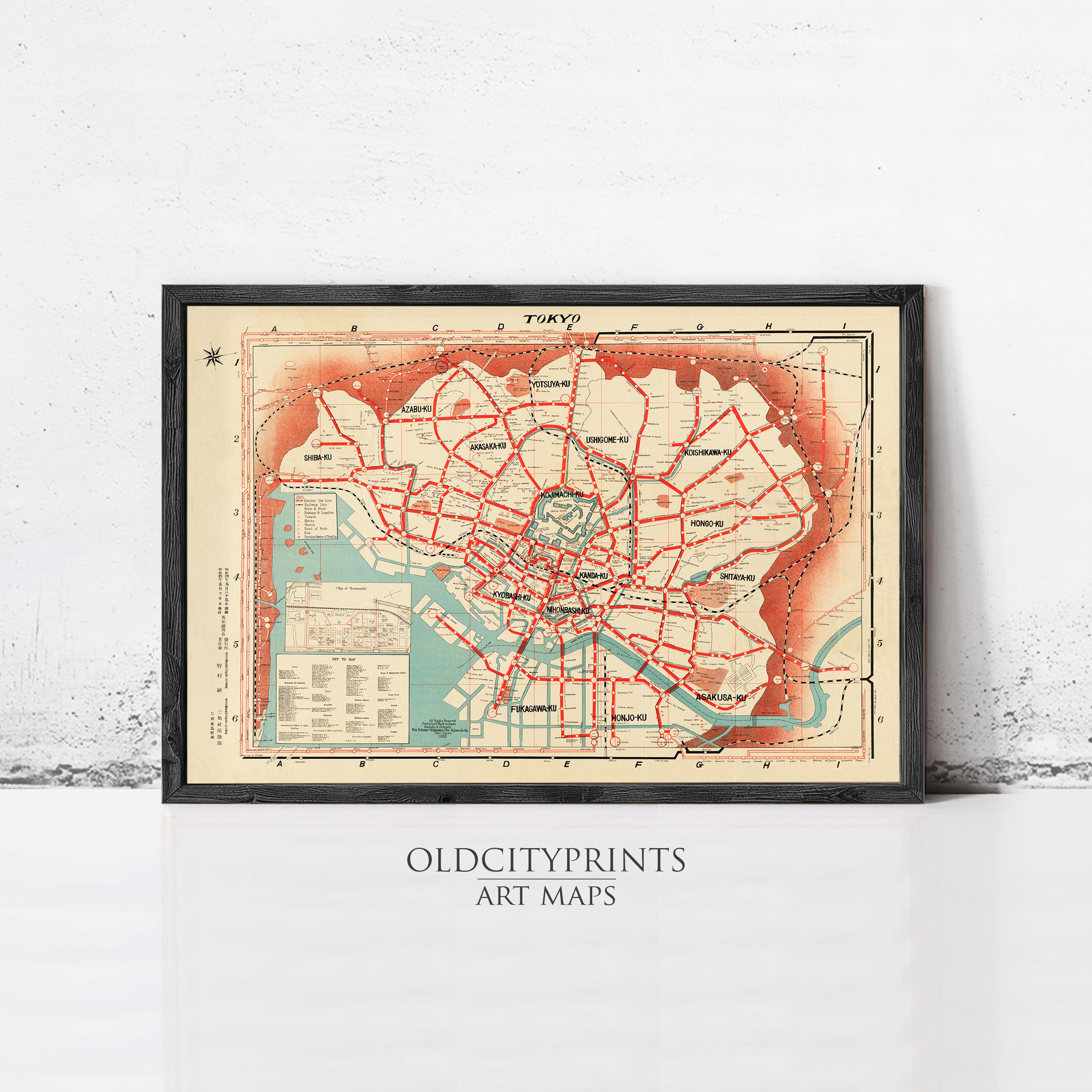 The image is a framed vintage map of Tokyo, Japan, depicting the city's transportation system and layout.