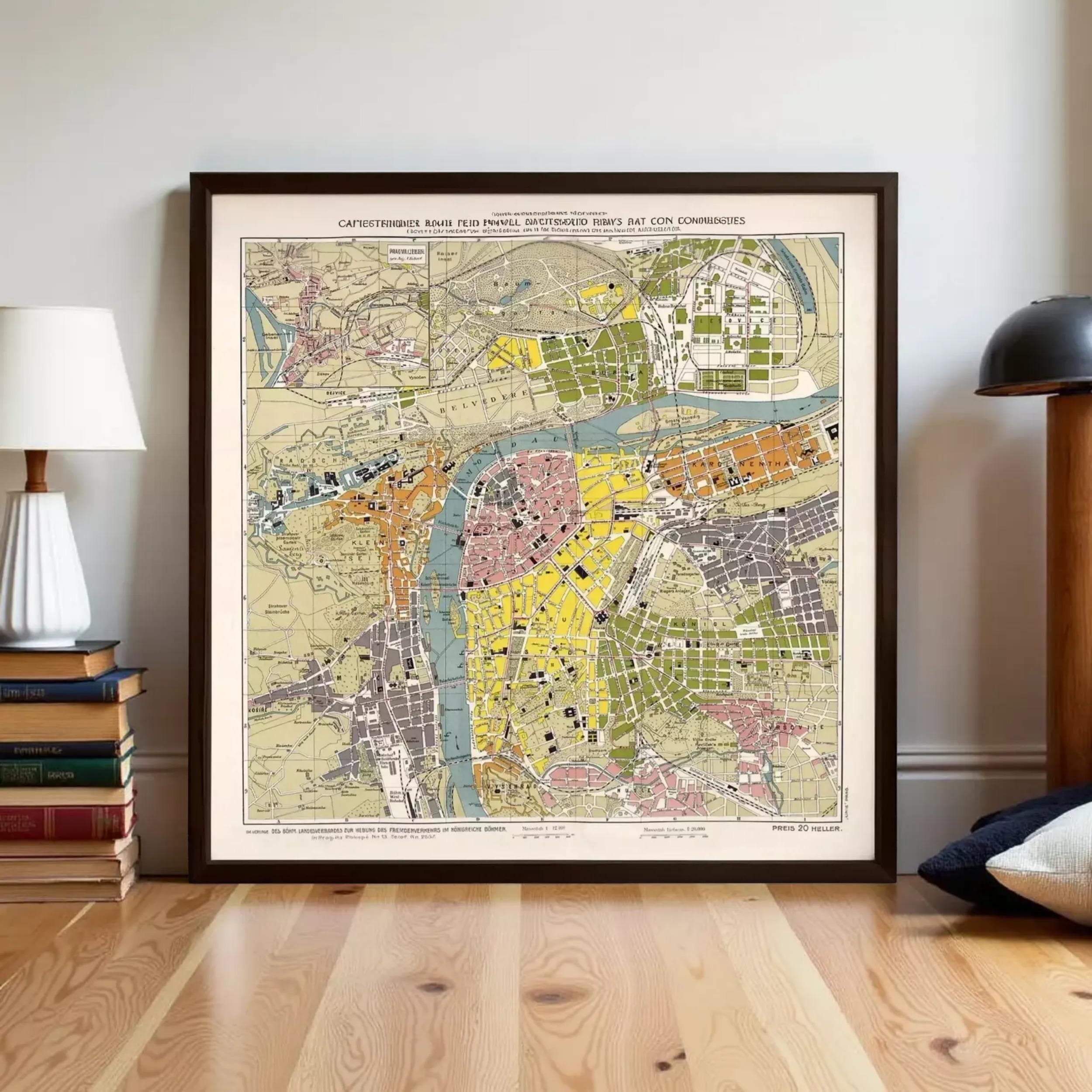The image is a framed vintage map of a city, depicting various landmarks and geographical features.