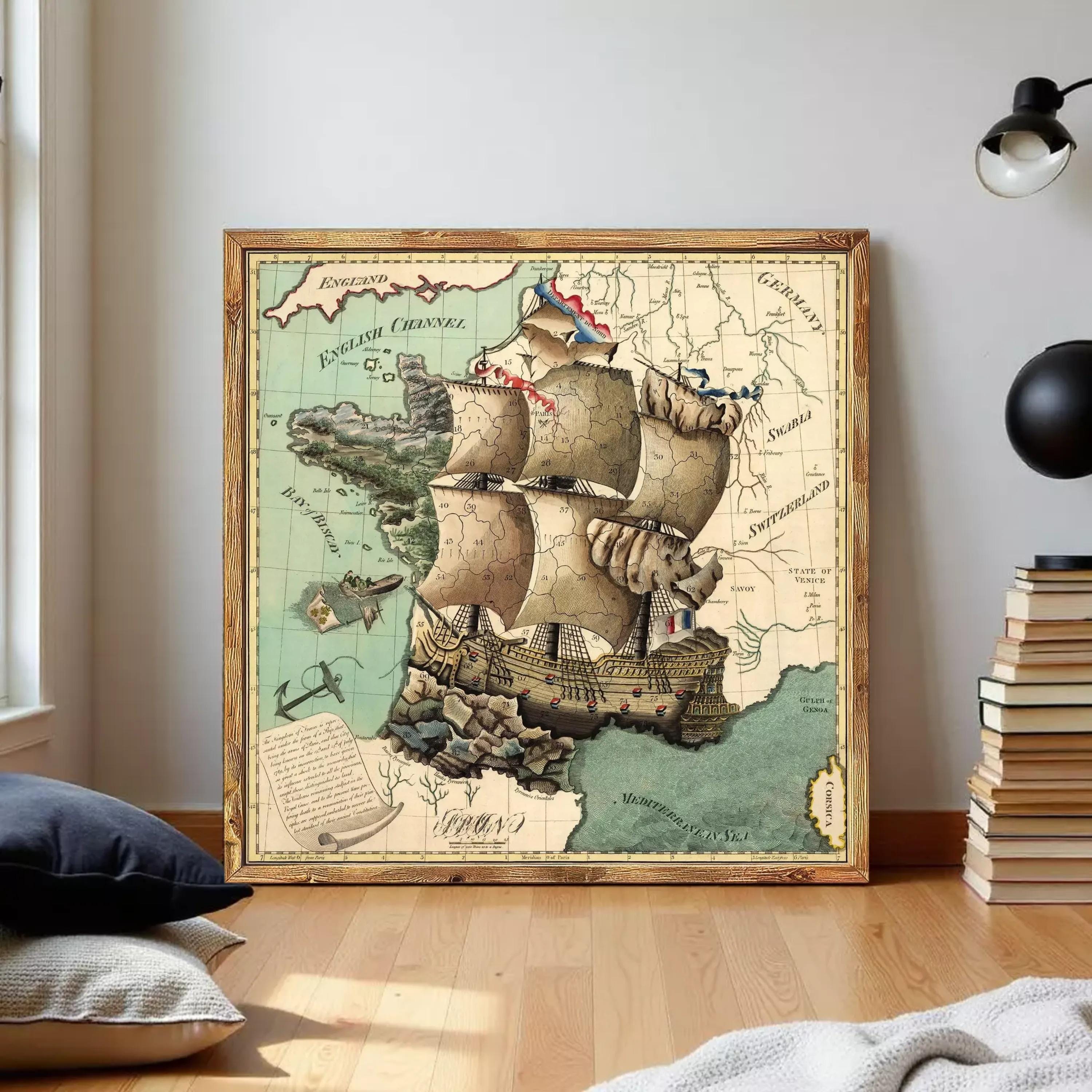 The image is a framed vintage map of Europe, featuring a large sailing ship as the central focus.