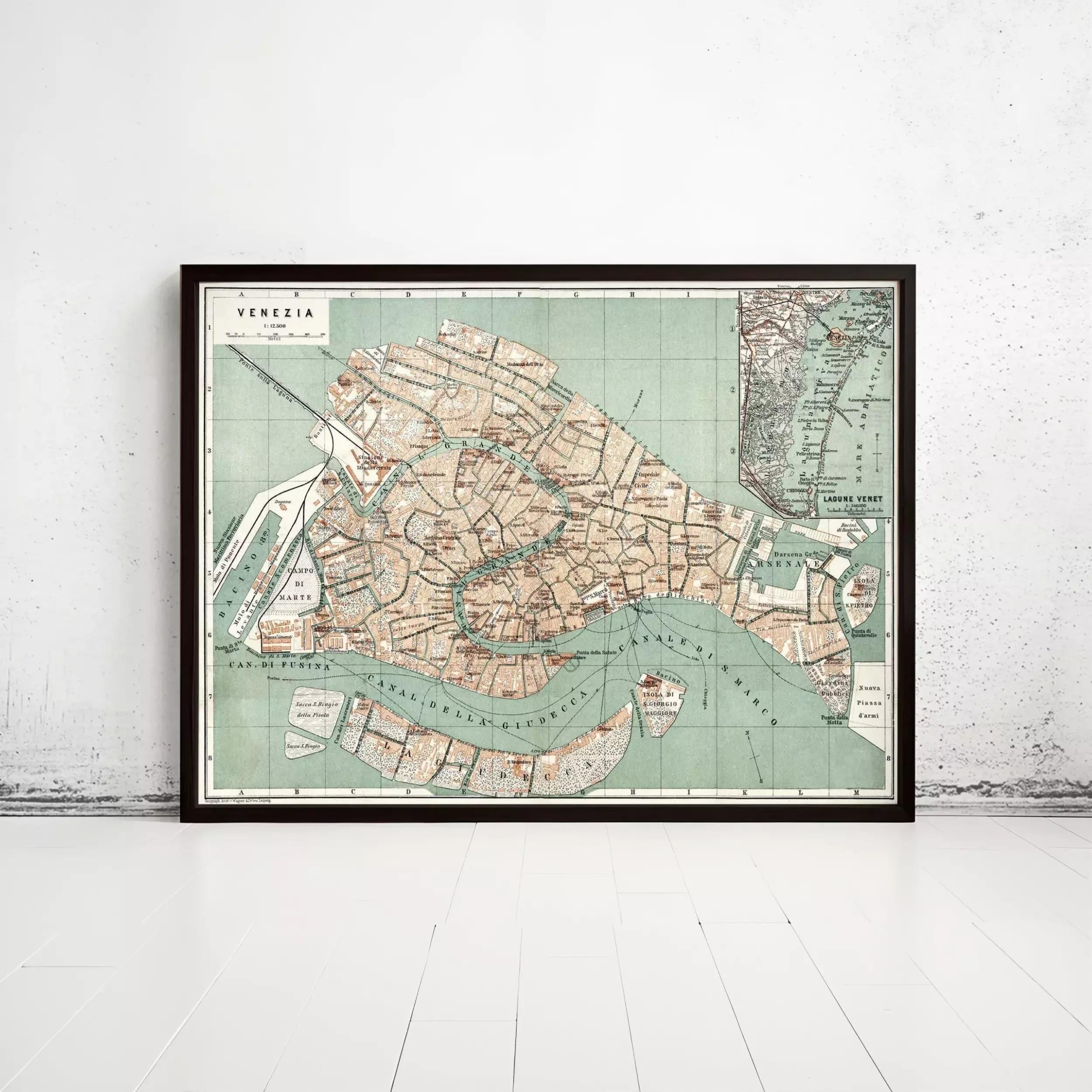 The image is a framed vintage map of Venice, Italy, depicting the city's streets, canals, and surrounding areas.