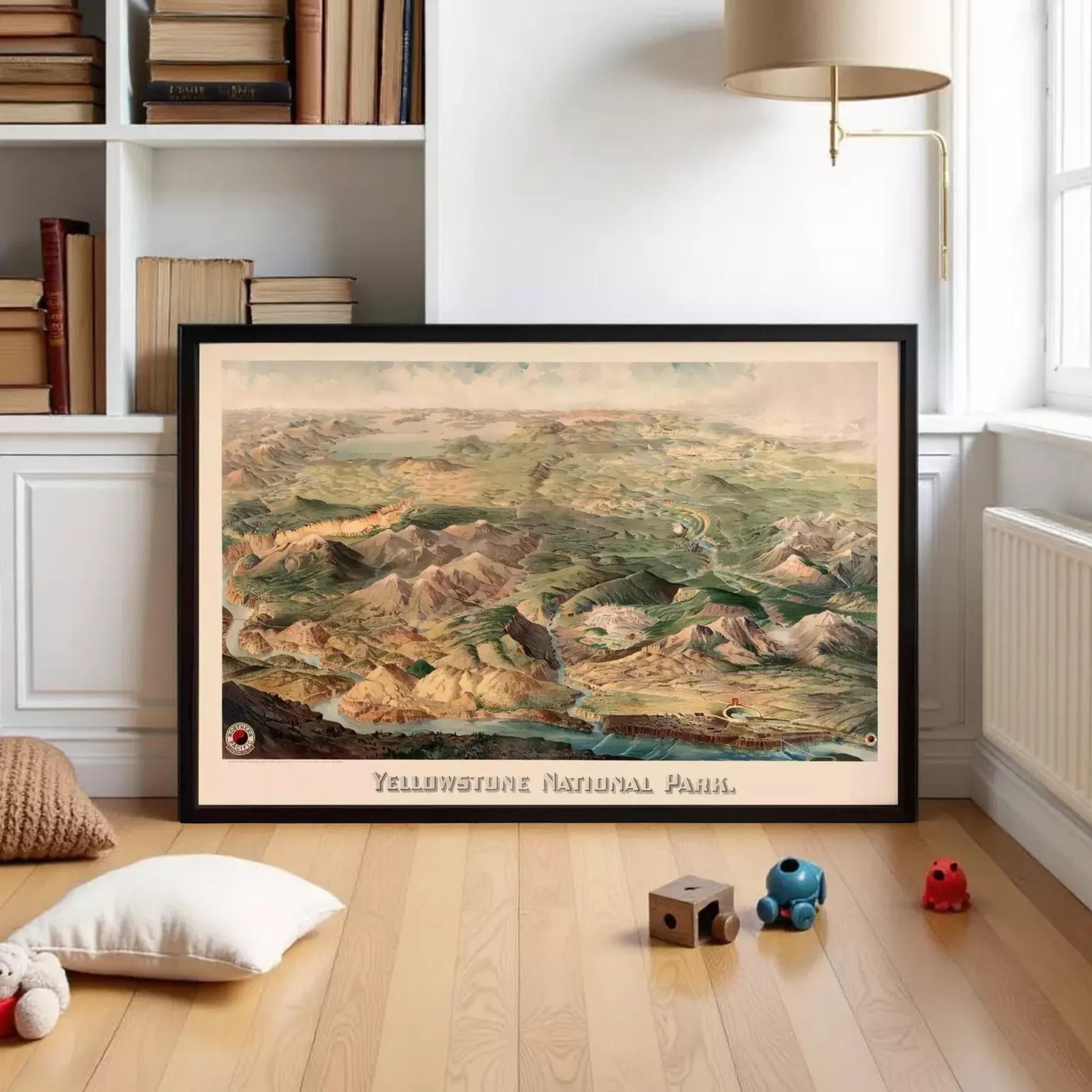 A framed painting depicting a scenic landscape of mountains and valleys, with the text "Yellowstone National Park" below the artwork.