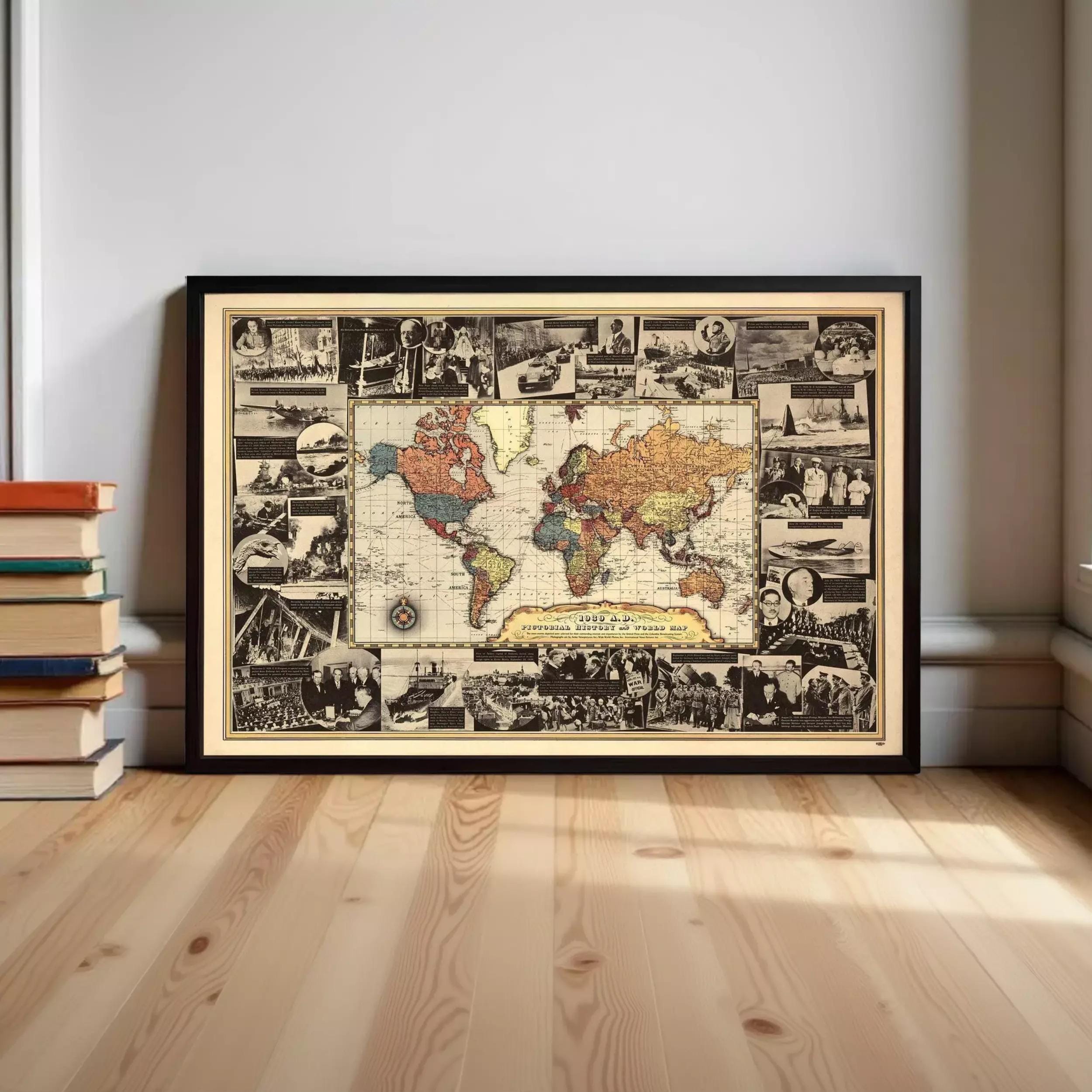 A framed vintage world map with various photographs and illustrations surrounding it, displayed on a wooden floor against a white wall.