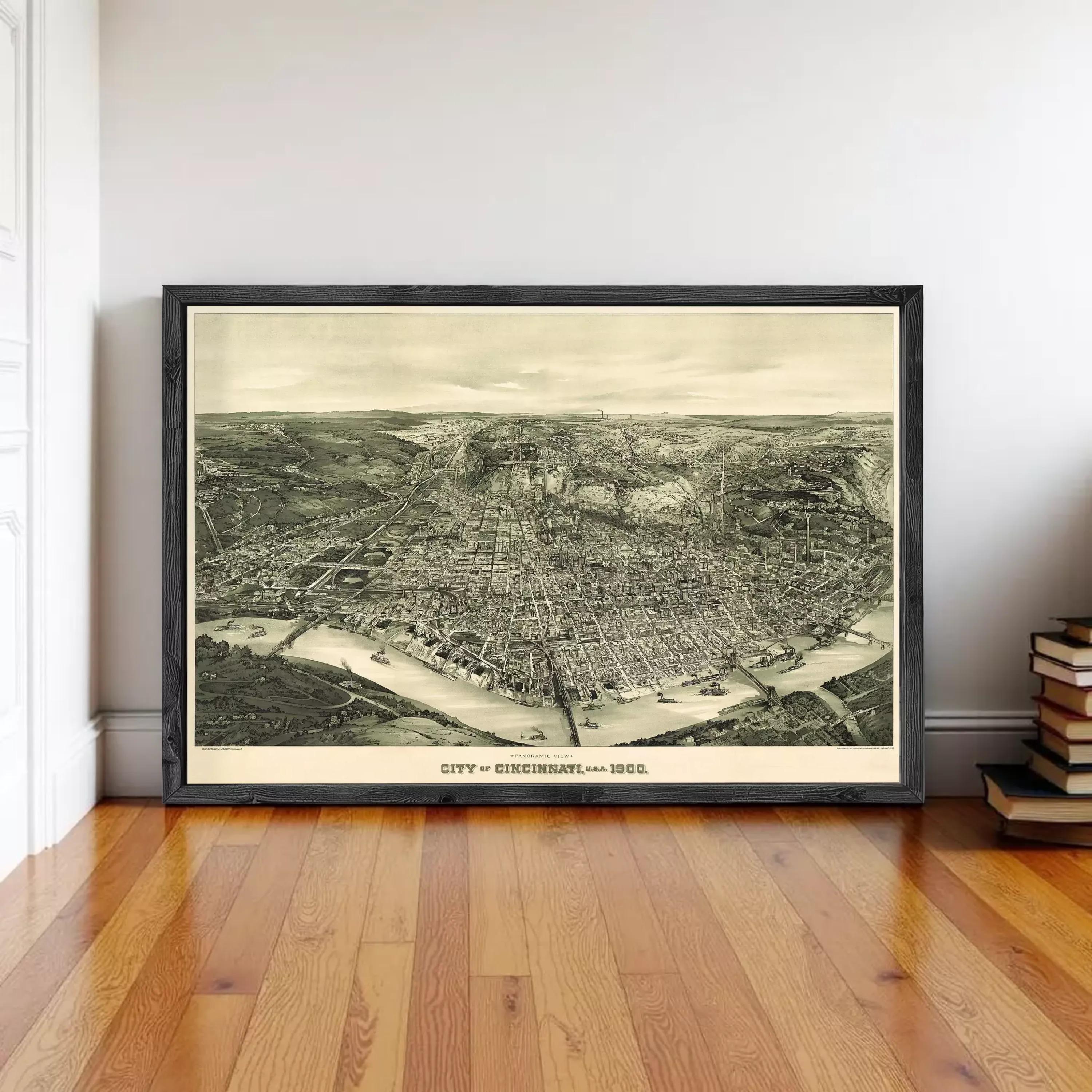 The image is a framed vintage map of Cincinnati, Ohio, depicting the city's layout and surrounding areas.
