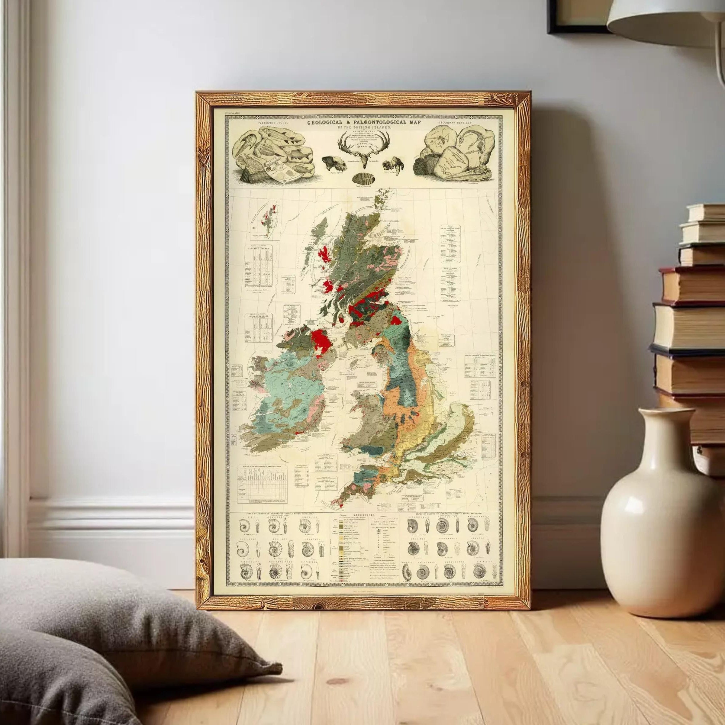 The image is a framed geological map of the United Kingdom, depicting various geological features and data.