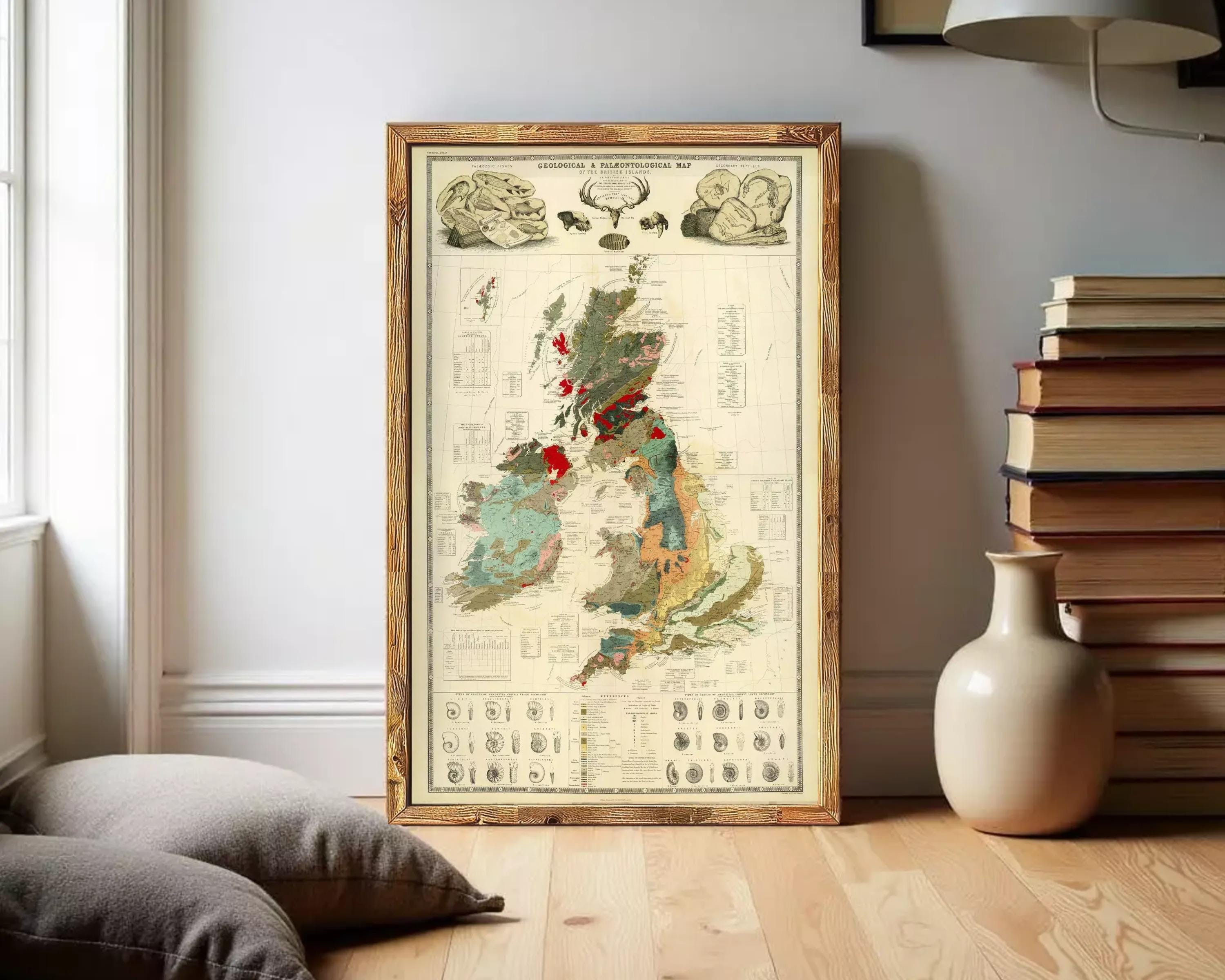 The image is a framed geological map of the United Kingdom, depicting various geological features and data.