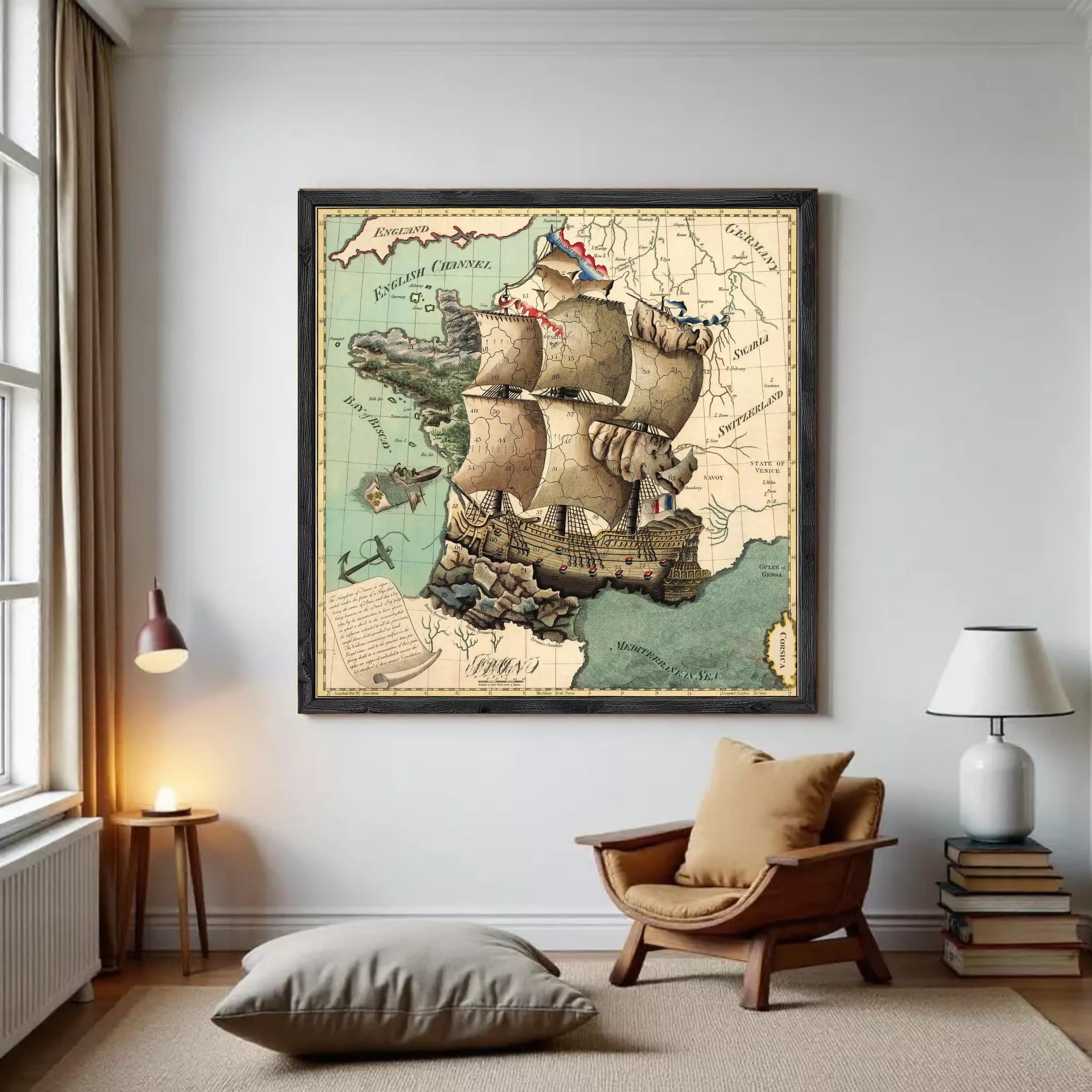 The image is a framed vintage map of Europe, depicting a large sailing ship in the center.