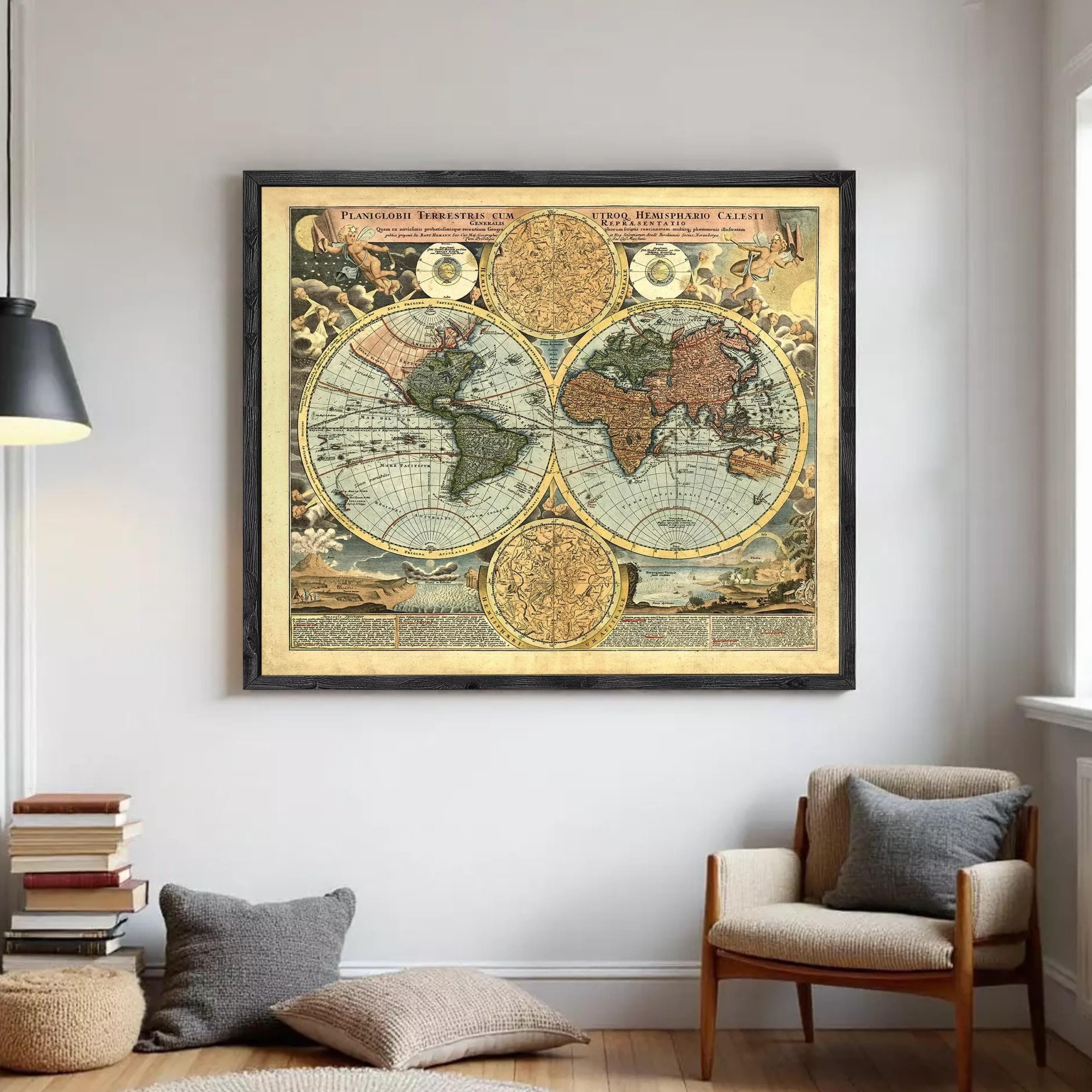 The image is a framed vintage map of the world, featuring intricate details and designs.