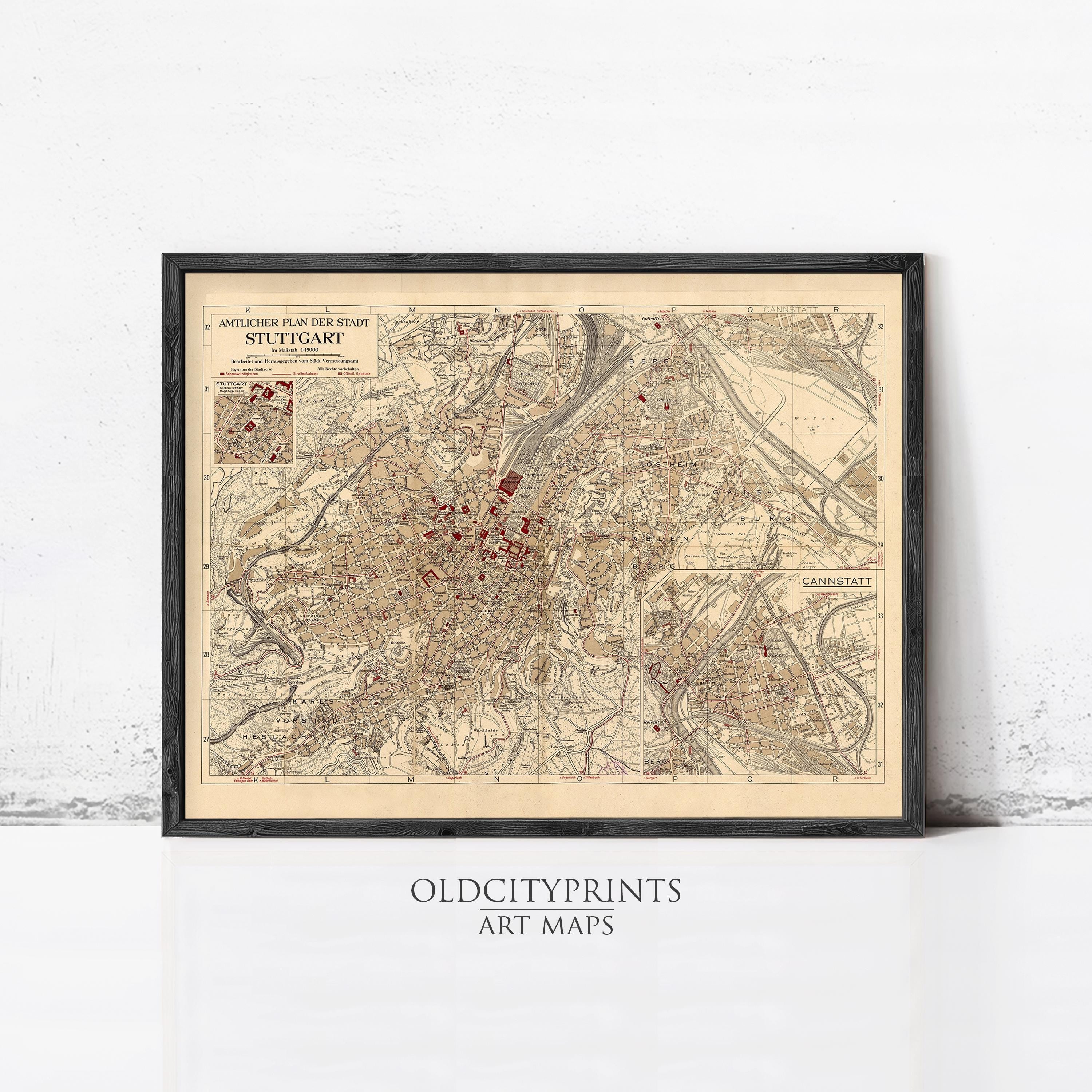 The image is a framed vintage map of Stuttgart, Germany, depicting the city's layout and surrounding areas.