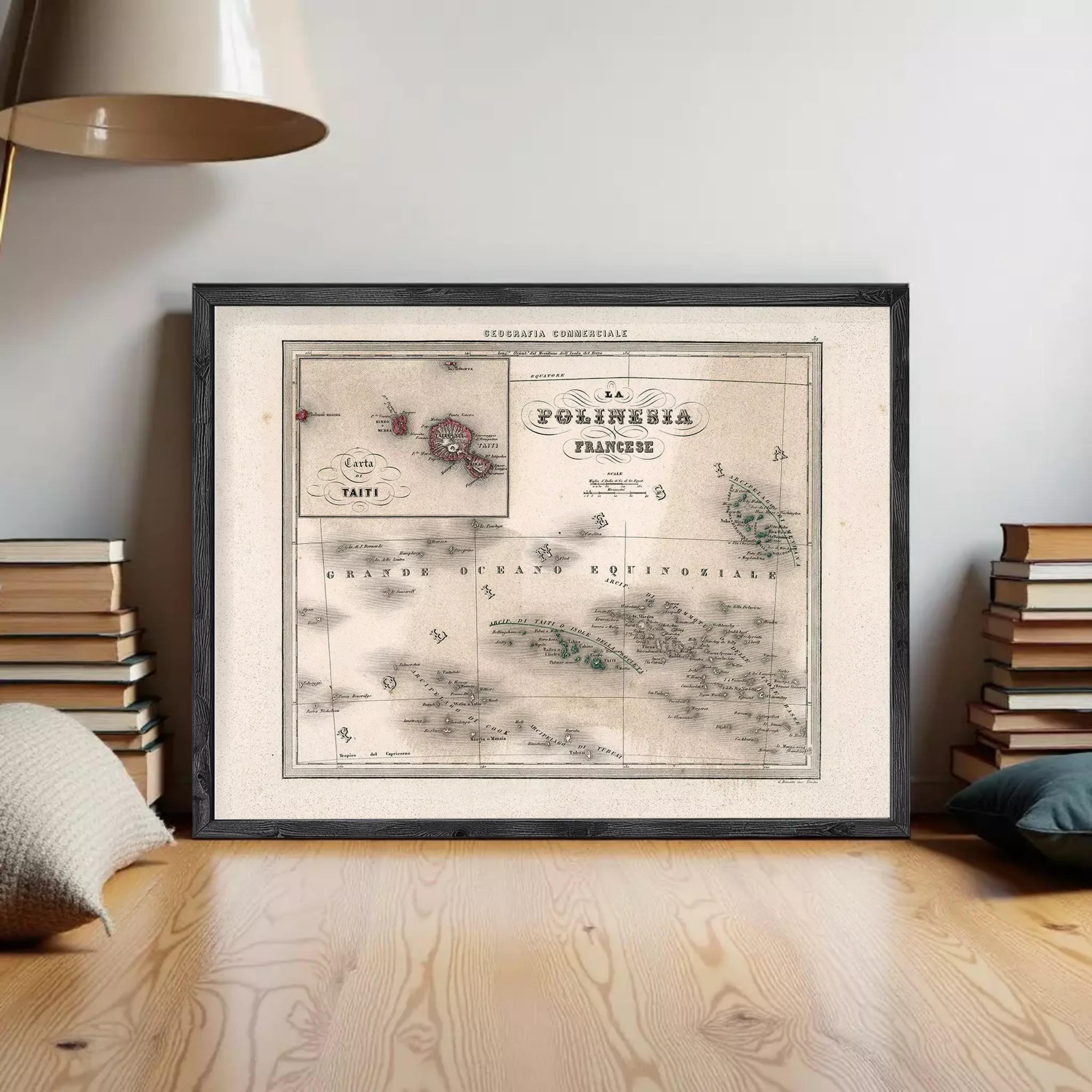 The image is a framed vintage map of the Pacific region, specifically the island of French Guiana.