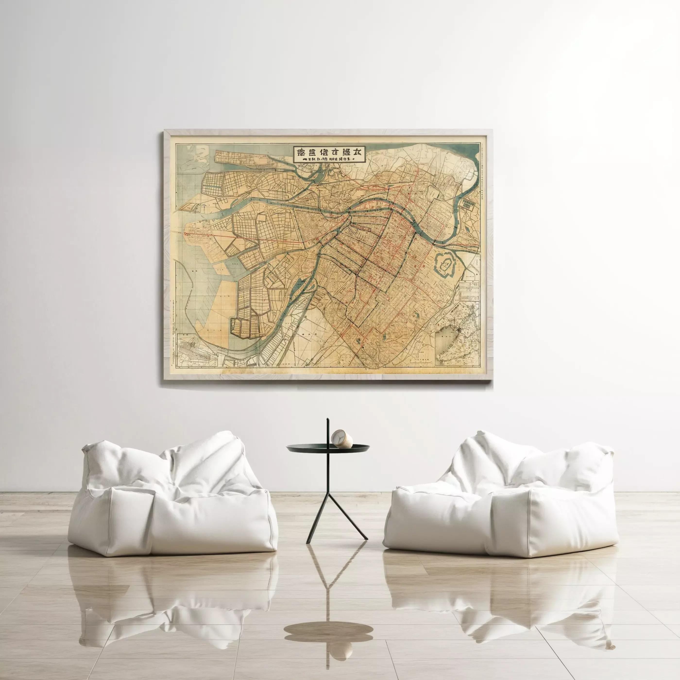 a large wall-mounted map of a city, with two white bean bag chairs positioned in front of it, creating a cozy and inviting seating area.