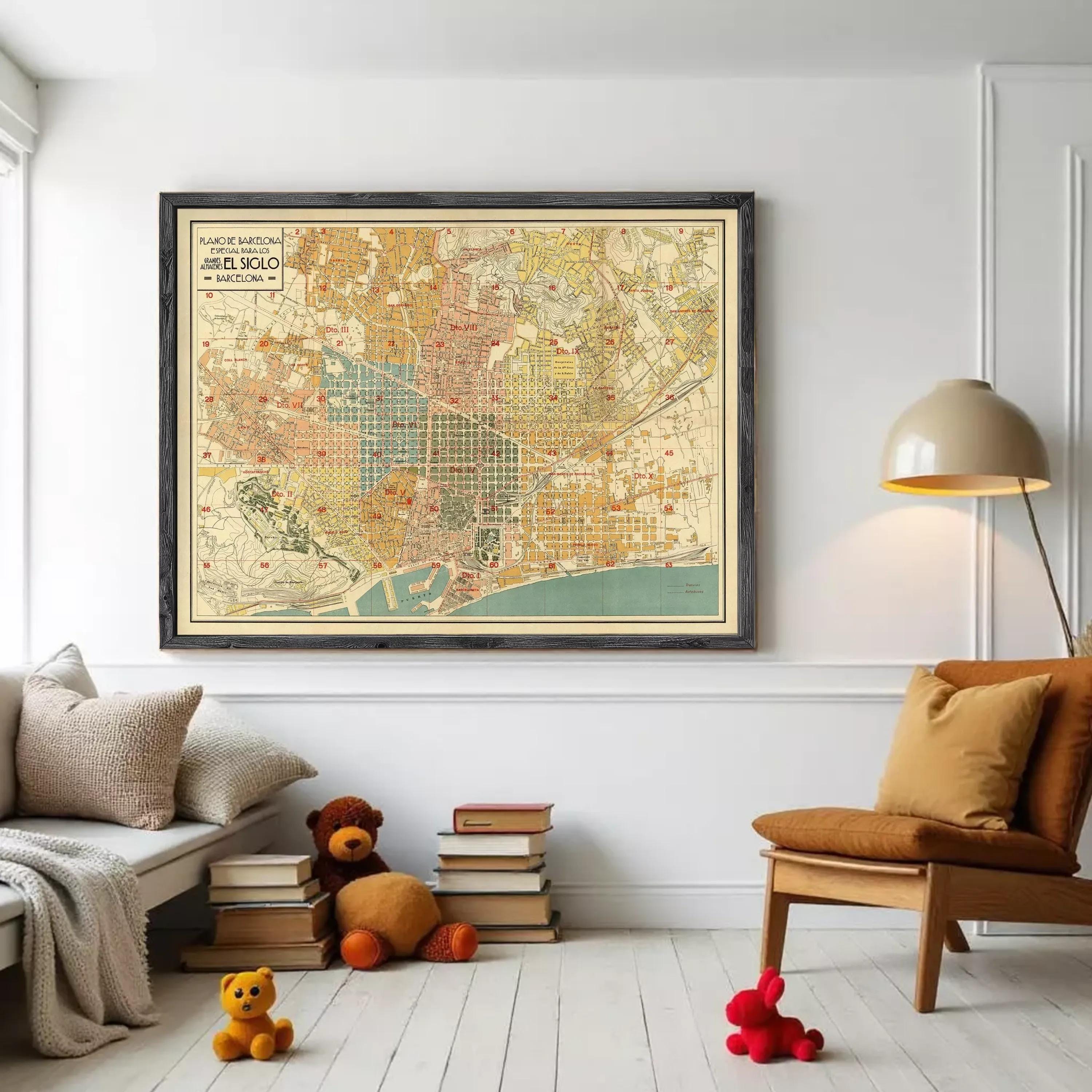 a large framed map of a city hanging on a wall, with a cozy living room scene below it. There are two teddy bears, a stack of books, and a brown chair in the room.