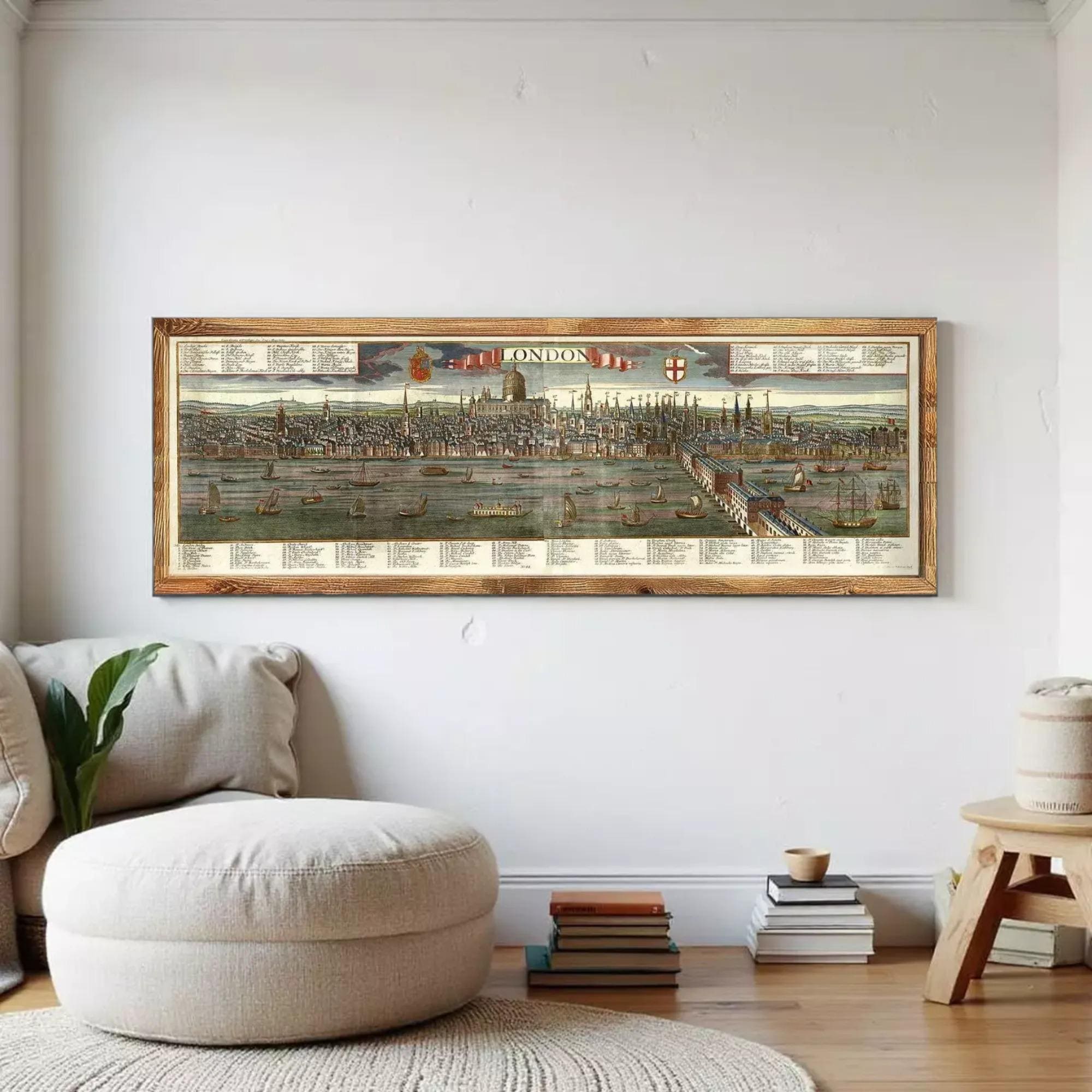 a large framed map of London hanging on a white wall in a living room.