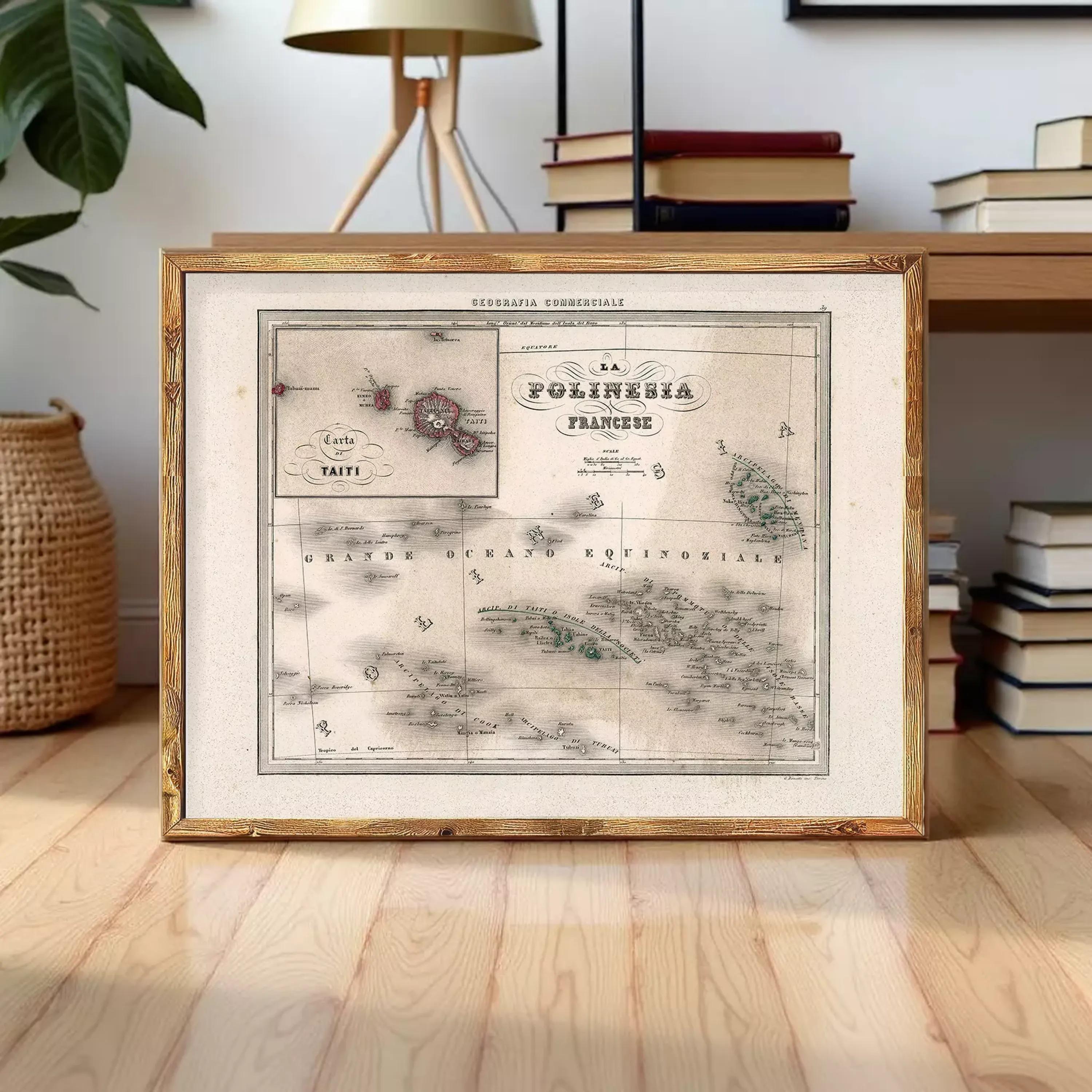 a framed map of the Pacific Islands, specifically the Indonesian archipelago, with the text "POLINEASIA FRANÇAISE" visible.