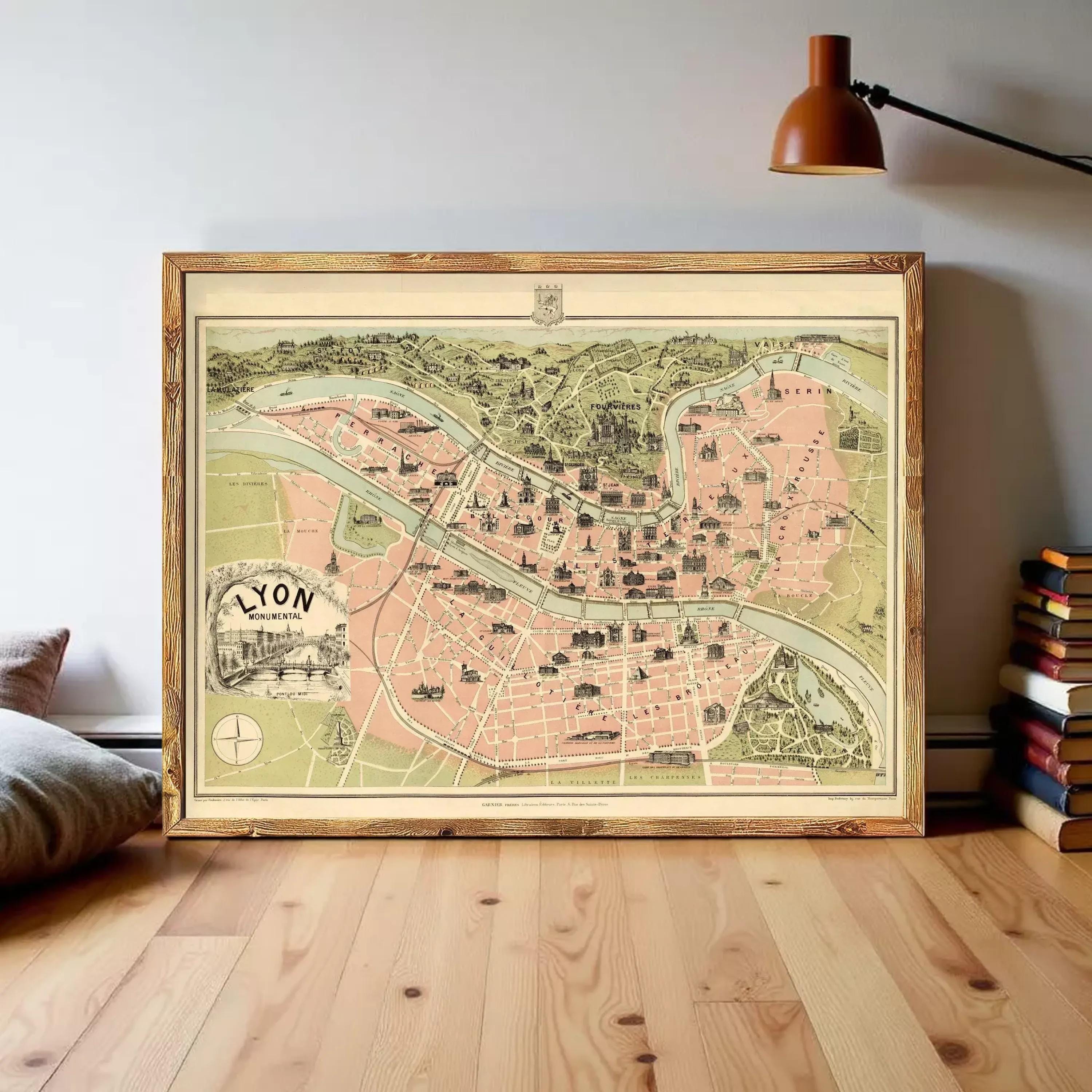 a large framed map of Lyon, France, displayed on a wooden floor in a room.
