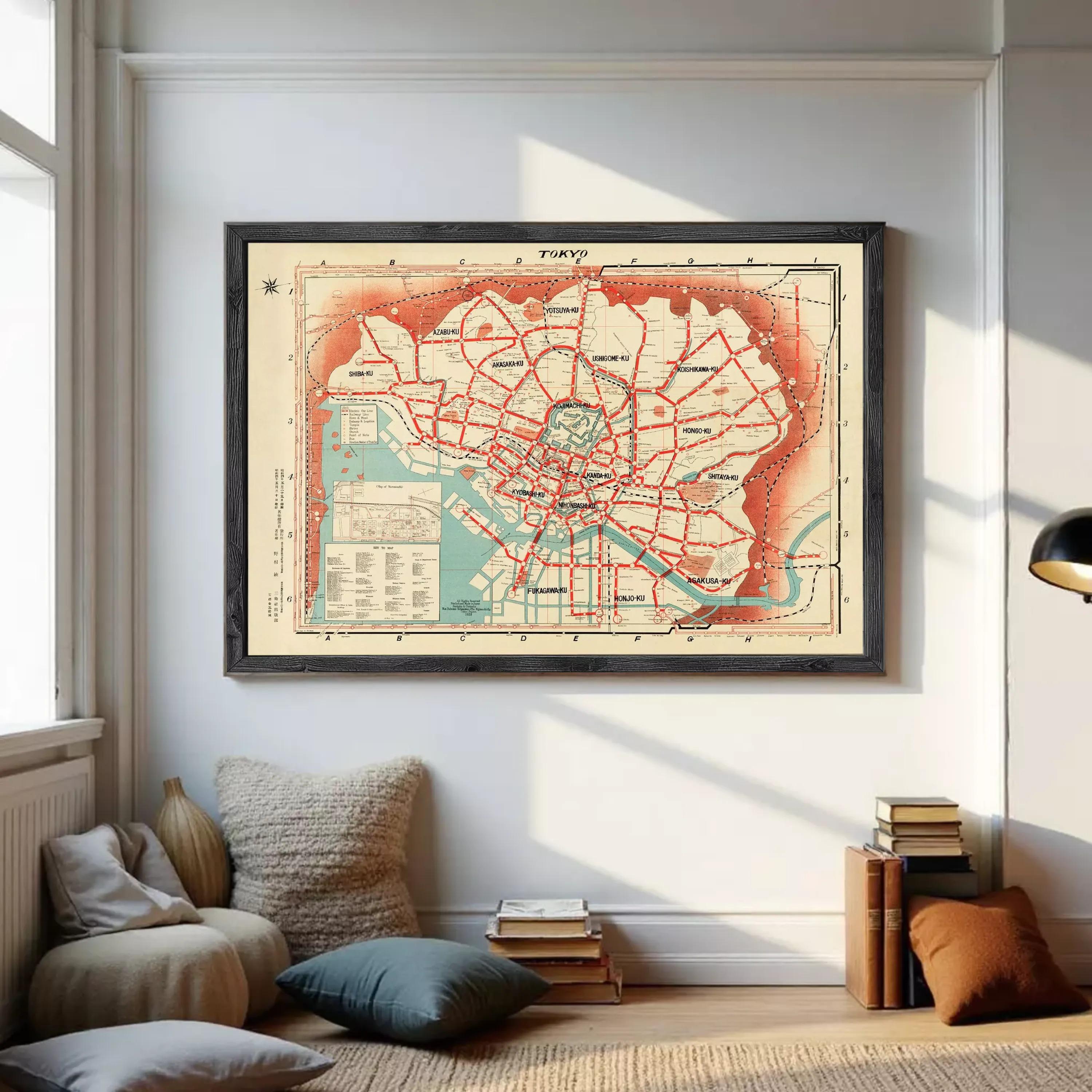The image is a framed vintage map of Tokyo, Japan, depicting the city's streets and transportation system.