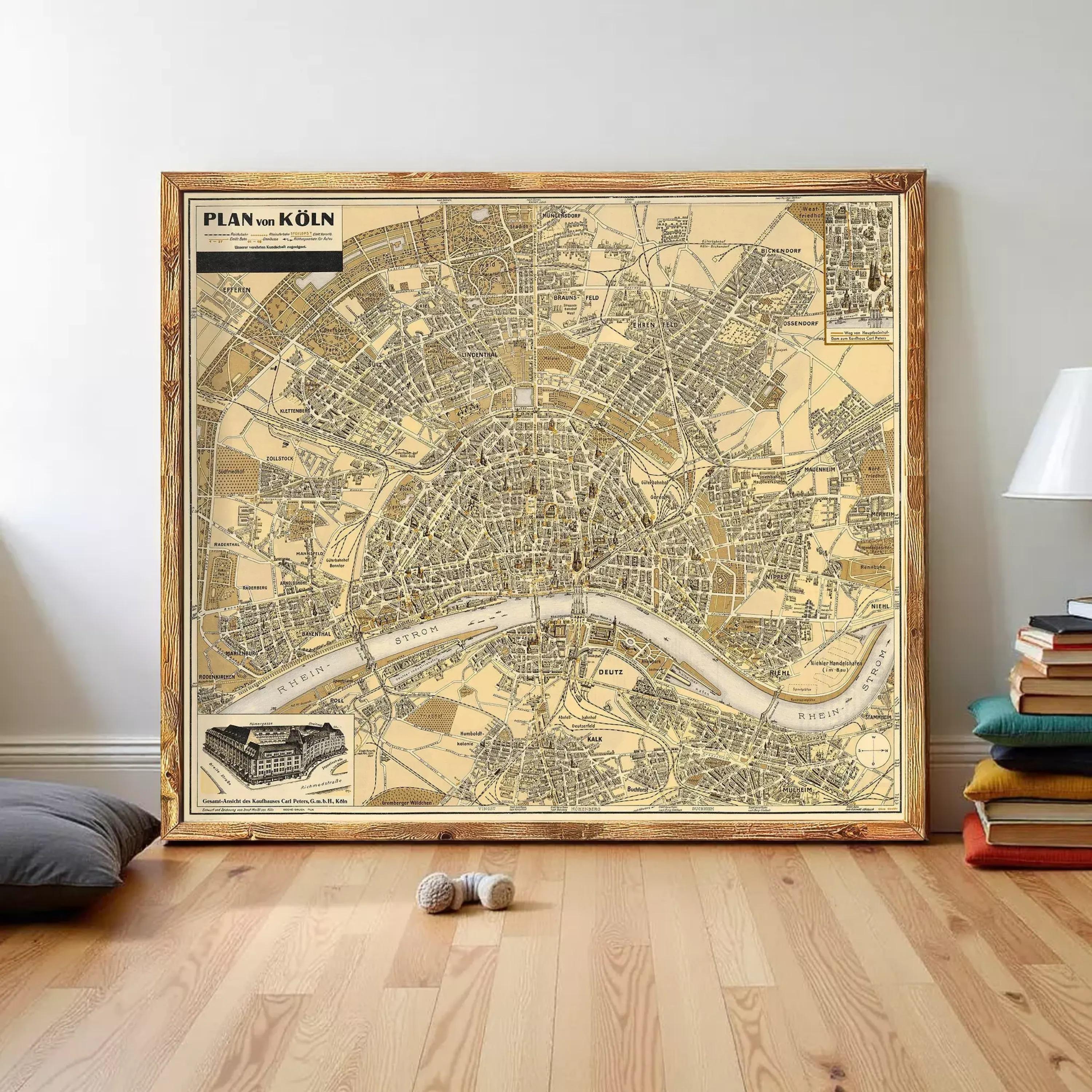 a large, framed map of a city, likely a historical or geographical map, displayed on a wall in a room.