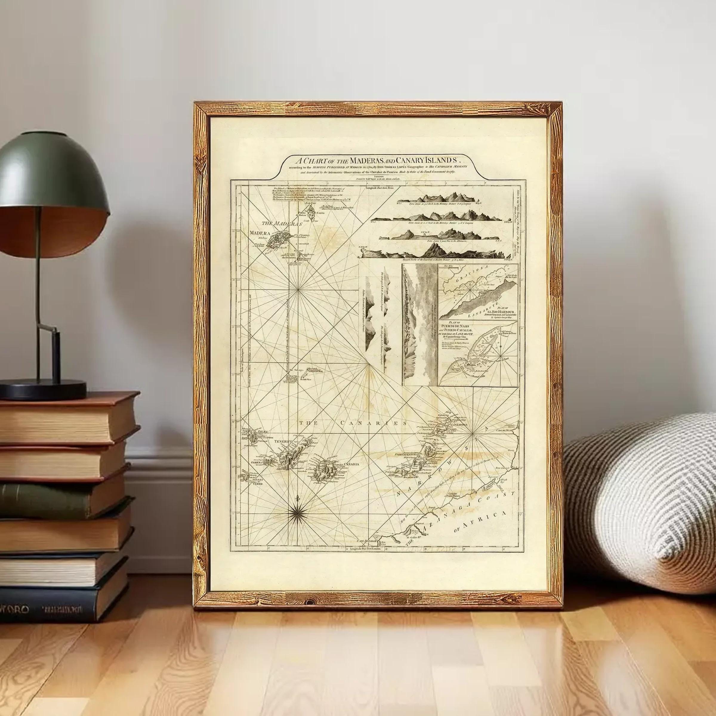 The image is a framed historical map of the Mediterranean and Canary Islands, depicting various geographical features and locations.