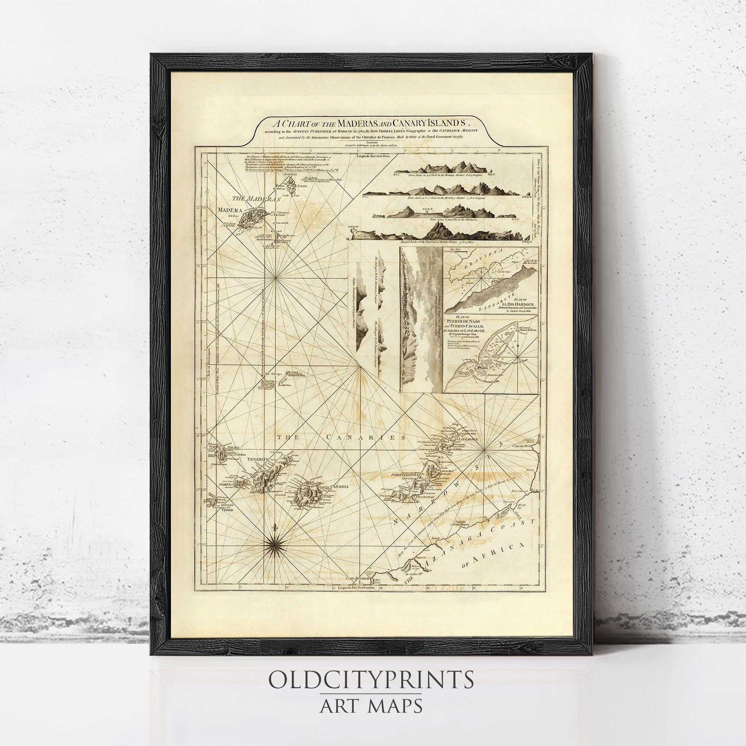 A framed antique map of the Mediterranean and Canary Islands, featuring detailed cartography and geographical information.