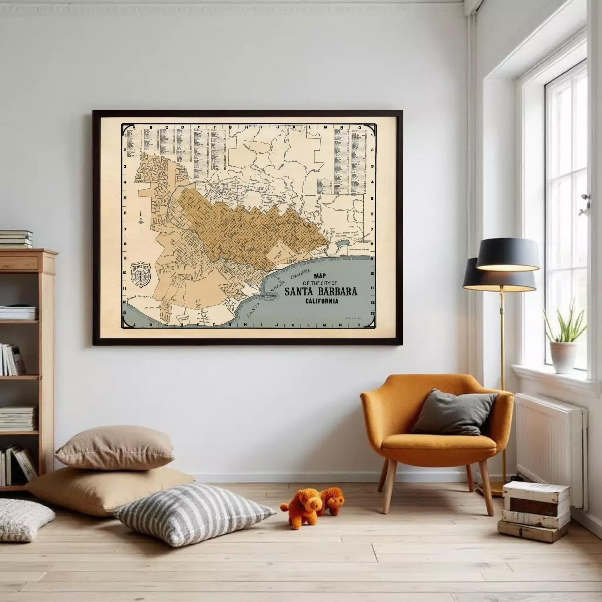 a large framed map of San Francisco, California, hanging on a wall in a living room setting.