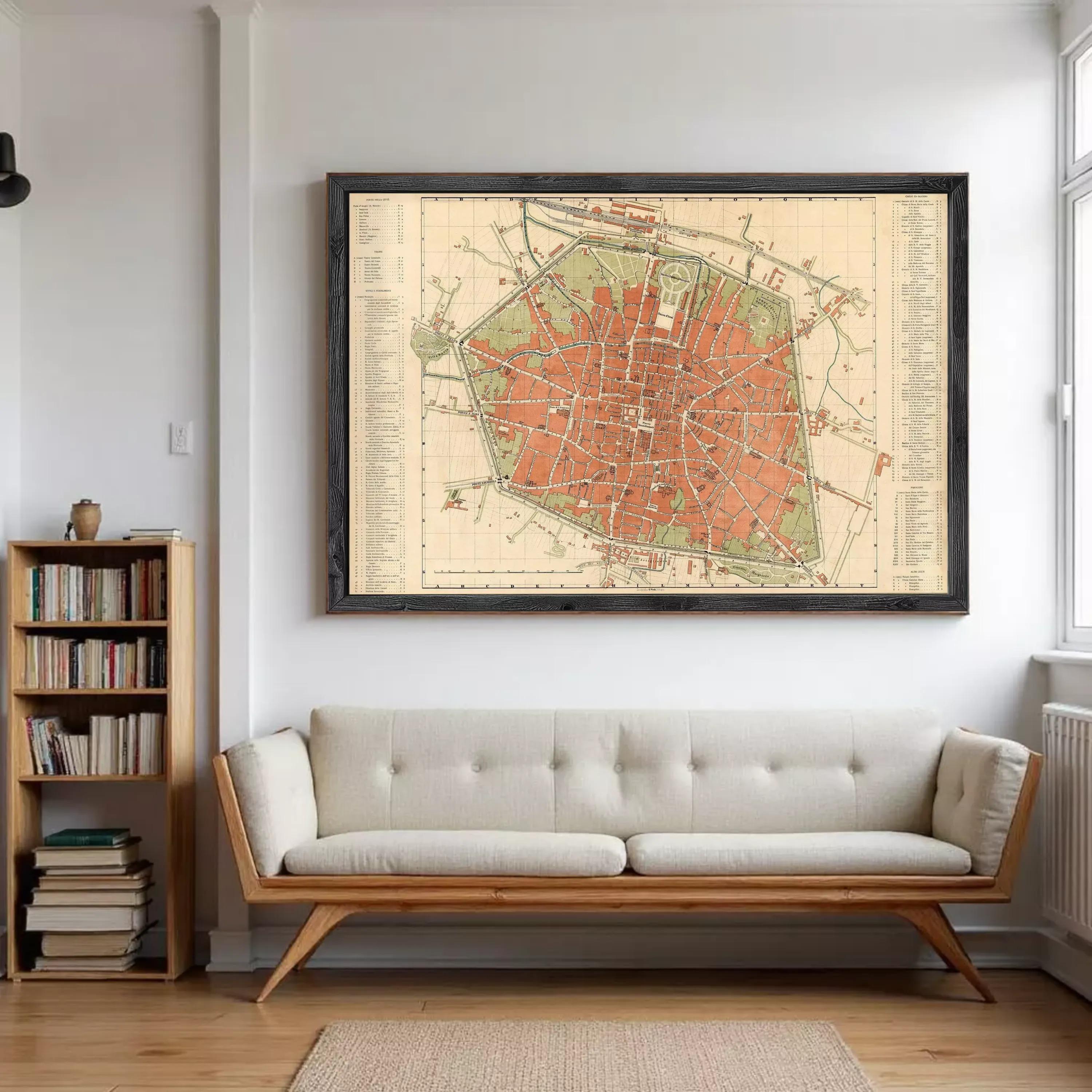 a large, framed map of a city hanging on a wall in a living room.