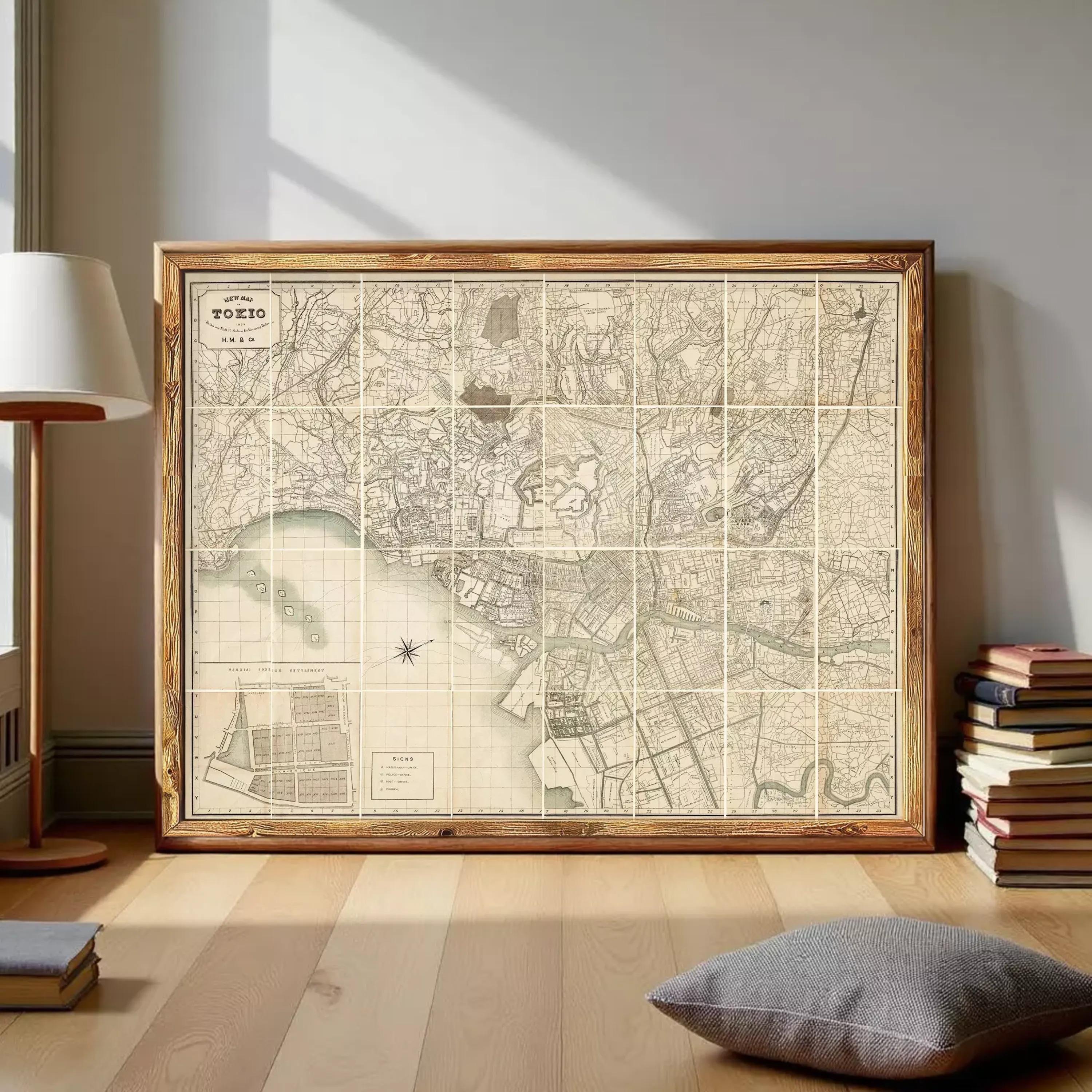 The image is a framed vintage map ofTOKYO, Japan, depicting a detailed layout of the city.