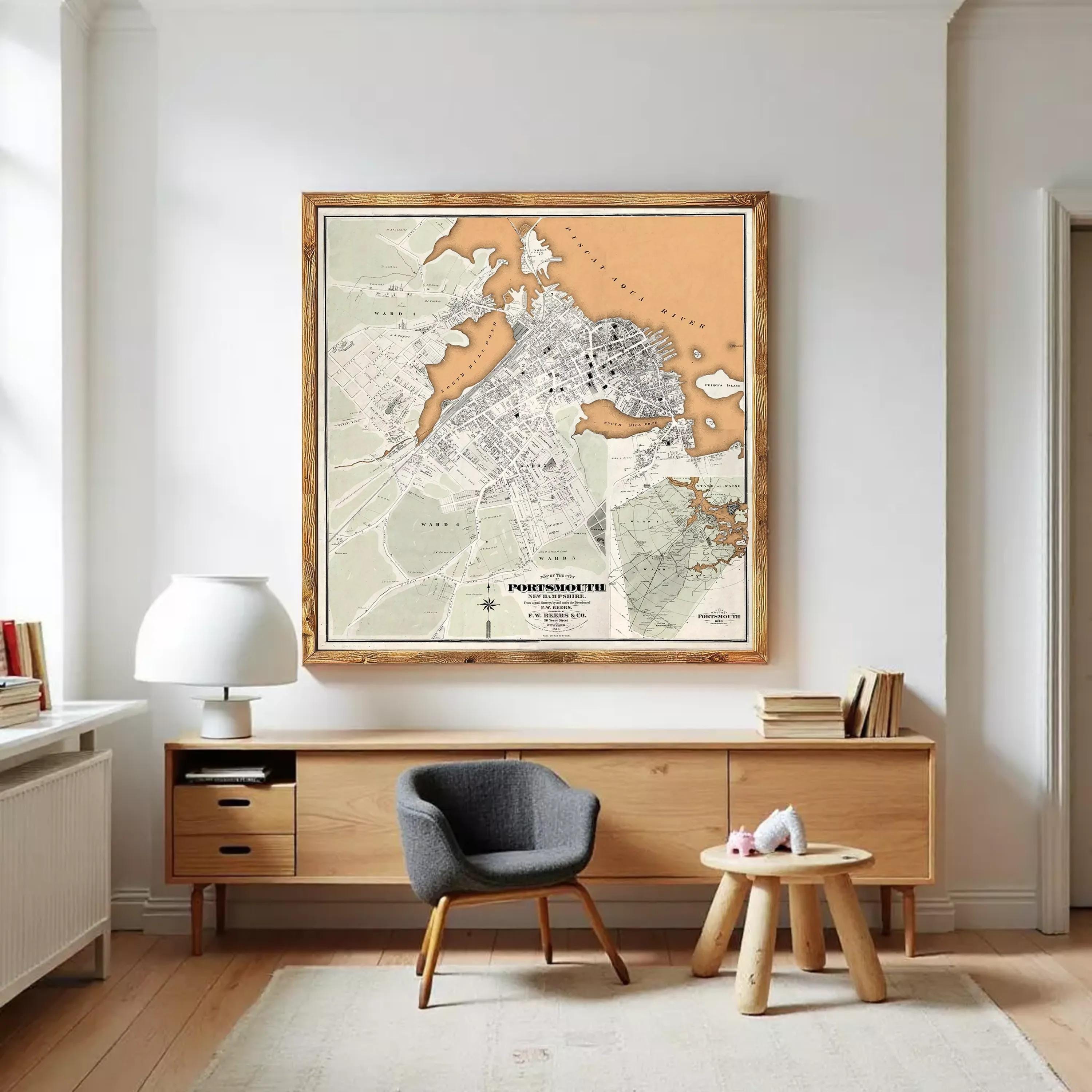 The image is a framed map of the city of Portsmouth, New Hampshire, USA.