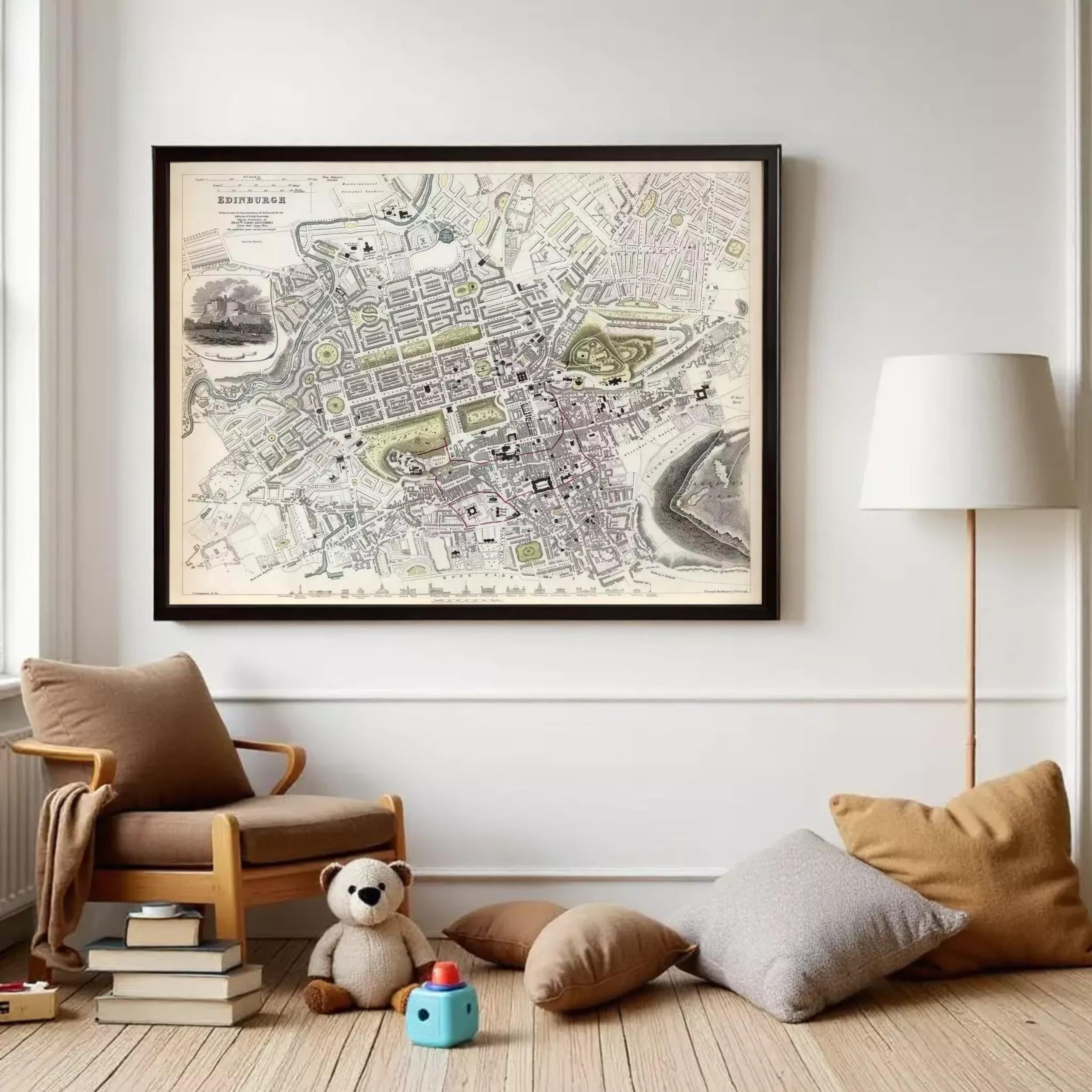 The image is a framed map of Edinburgh, Scotland, depicting the city's layout and surrounding areas.