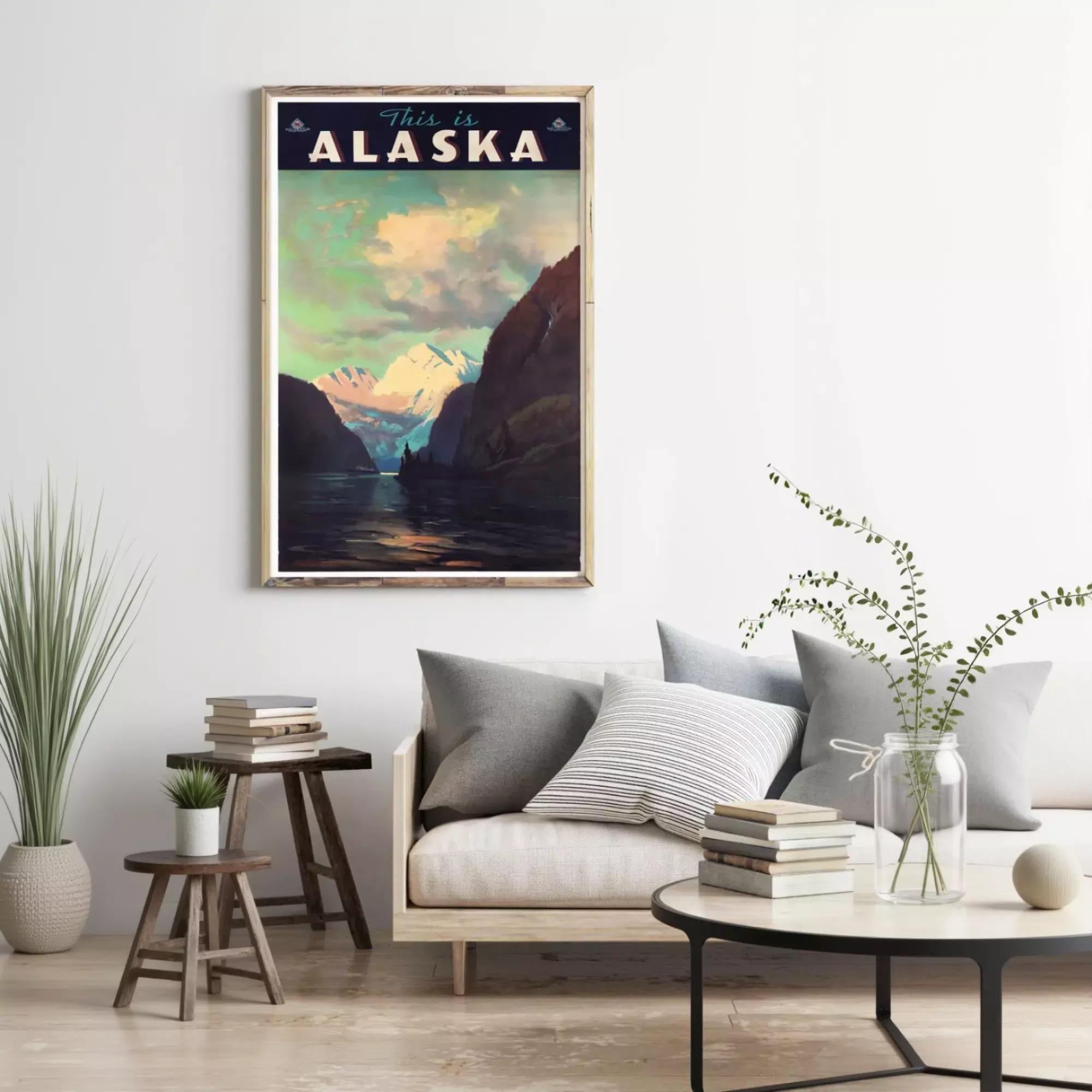 a poster of Alaska hanging on a wall, with a cozy living room setting below it.