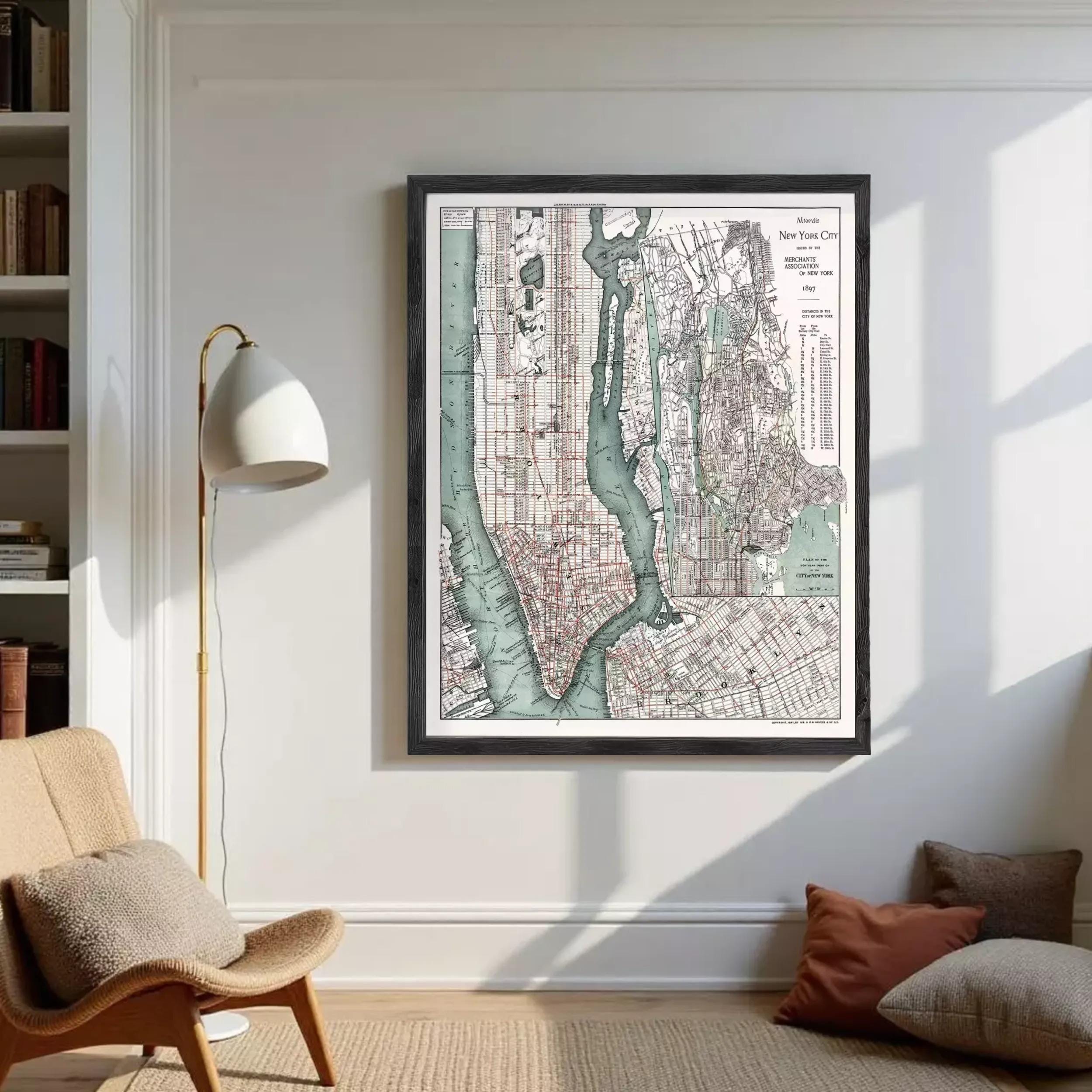 The image is a framed vintage map of New York City, depicting the city's streets, waterways, and surrounding areas.