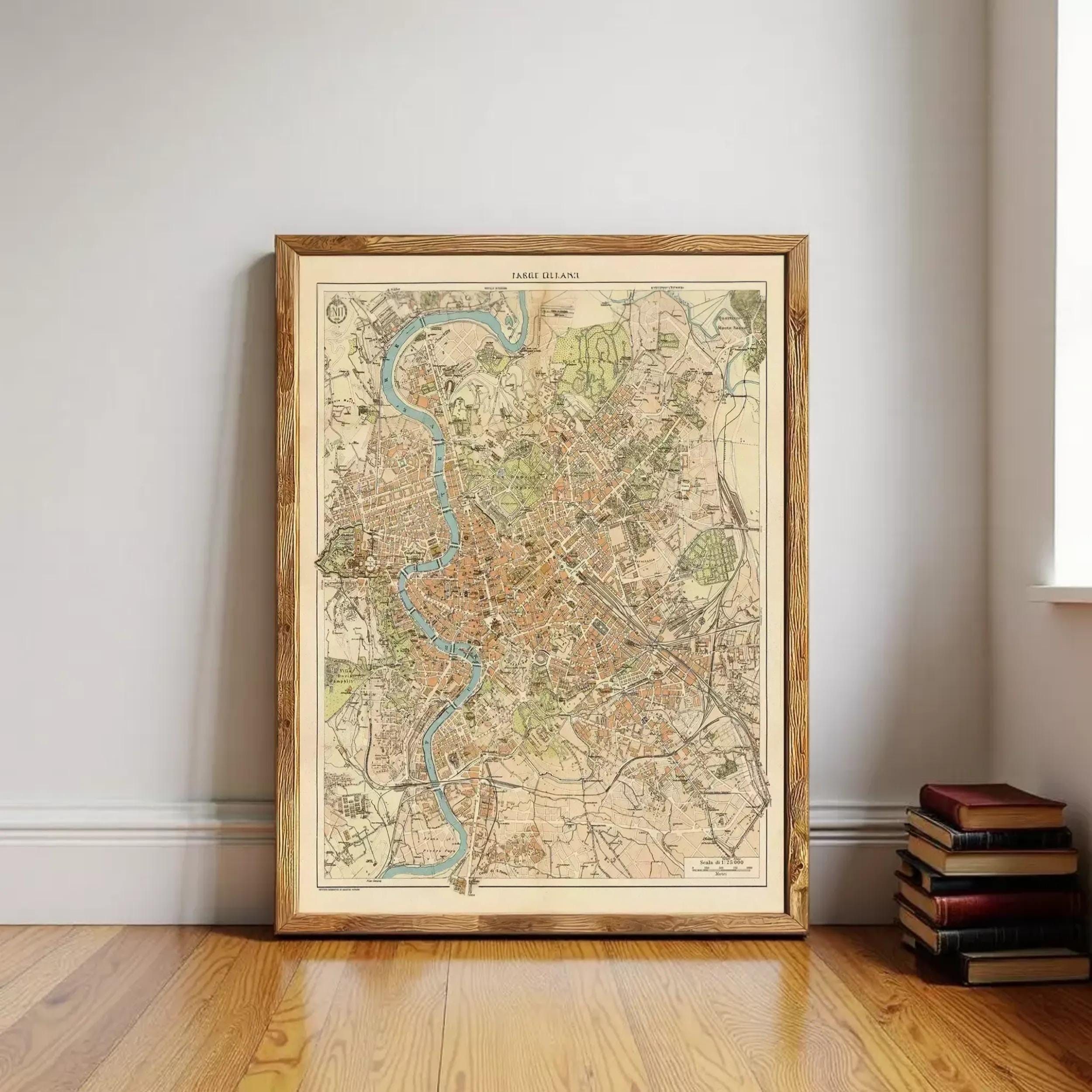 A framed map of Rome, Italy, displayed on a wooden floor against a white wall.